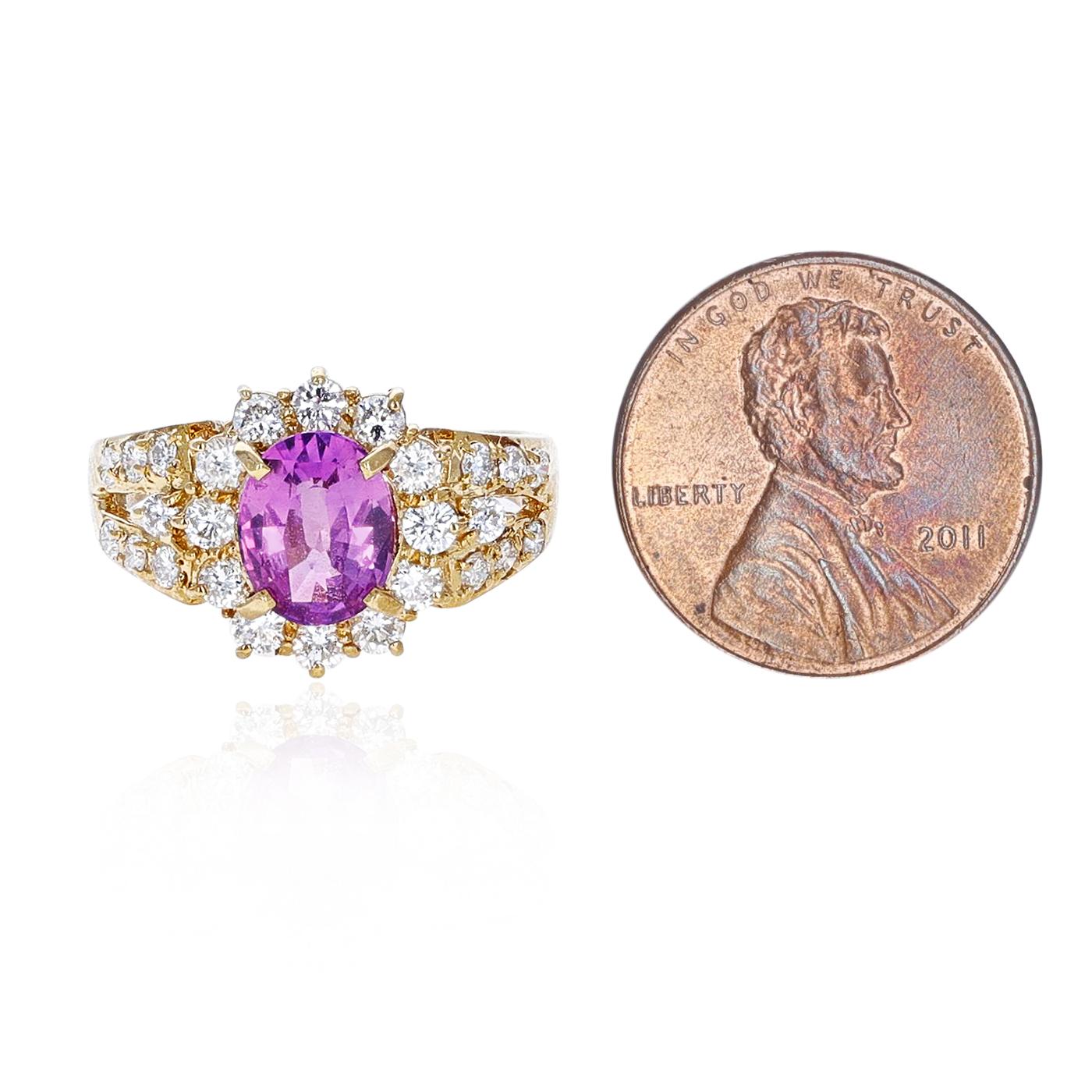 Oval Cut 1.72 Ct. Oval Pink Sapphire and 1.30 Ct. Diamond Ring, 18K Yellow Gold For Sale