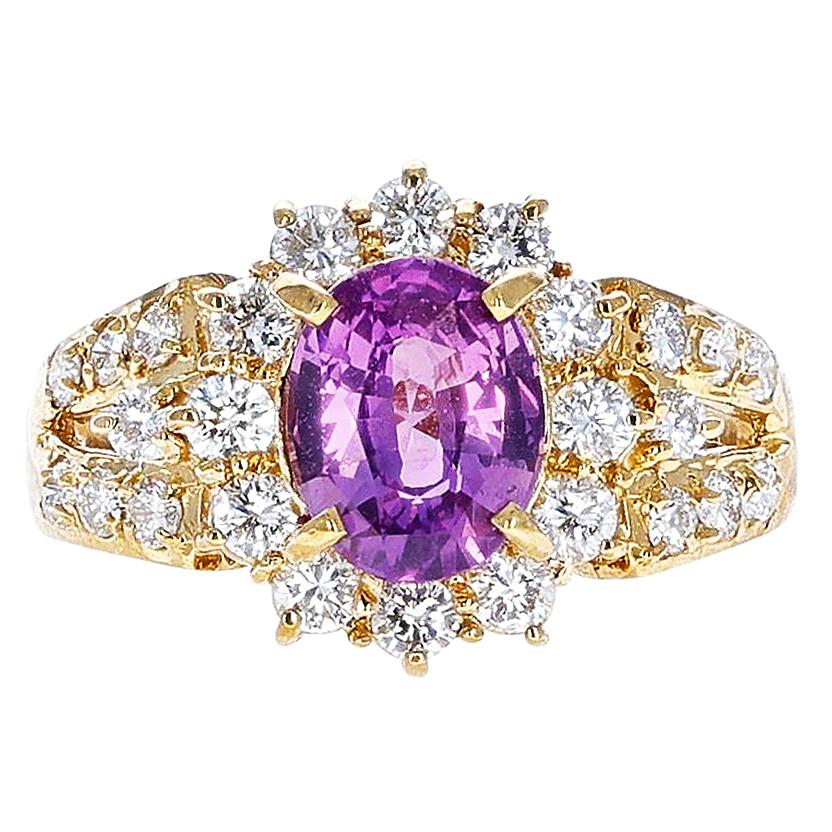 1.72 Ct. Oval Pink Sapphire and 1.30 Ct. Diamond Ring, 18K Yellow Gold For Sale