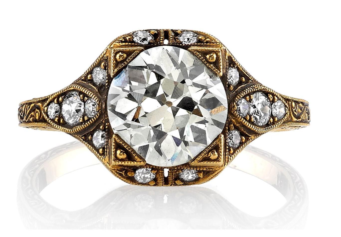 Women's 1.72 Old European Cut Diamond Ring Set in 18 Karat Oxidized Yellow Gold