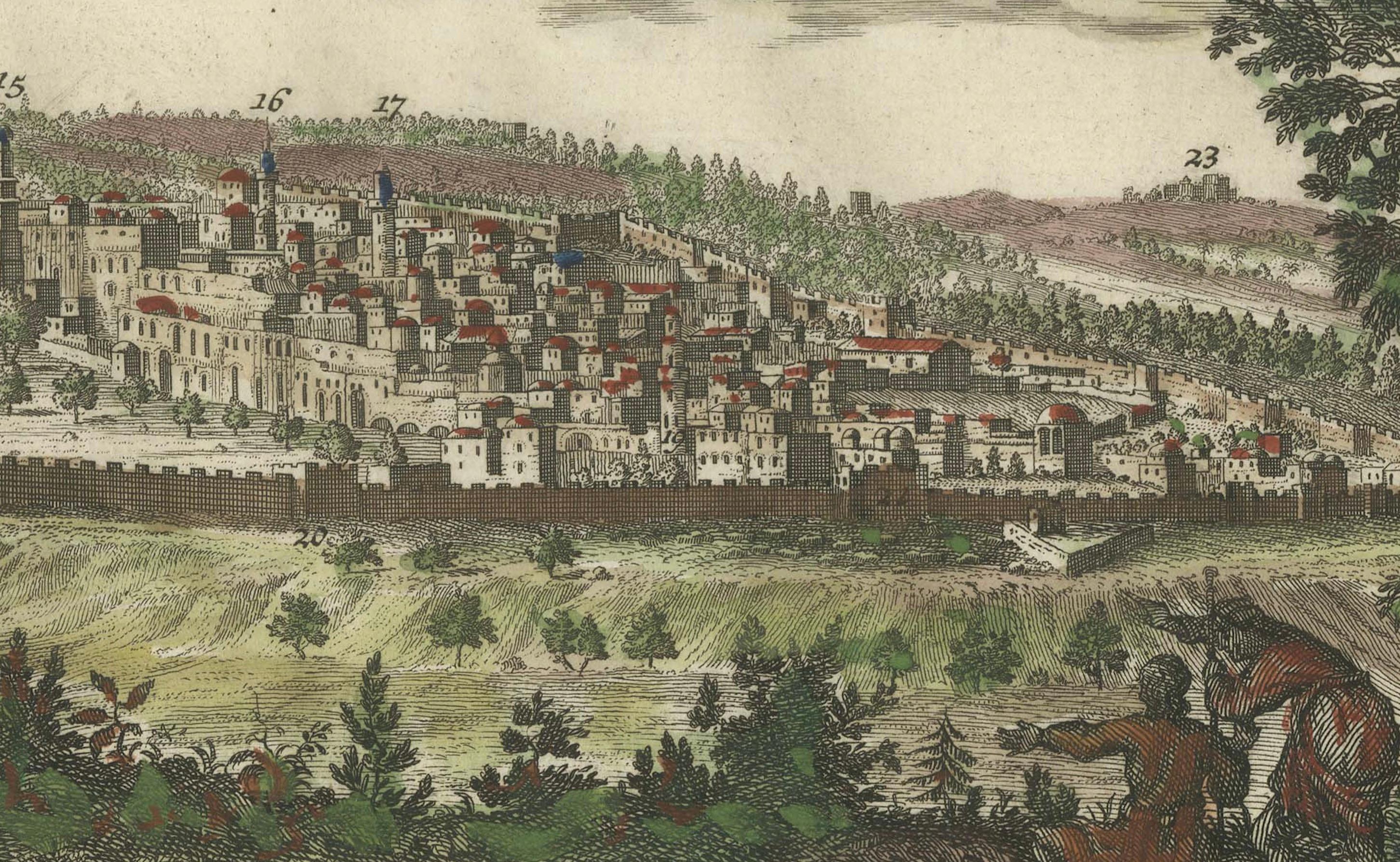 Cette vue à vol d'oiseau de Jérusalem datant de 1720 offre une représentation complexe de la ville au début du 18e siècle. Intitulé 