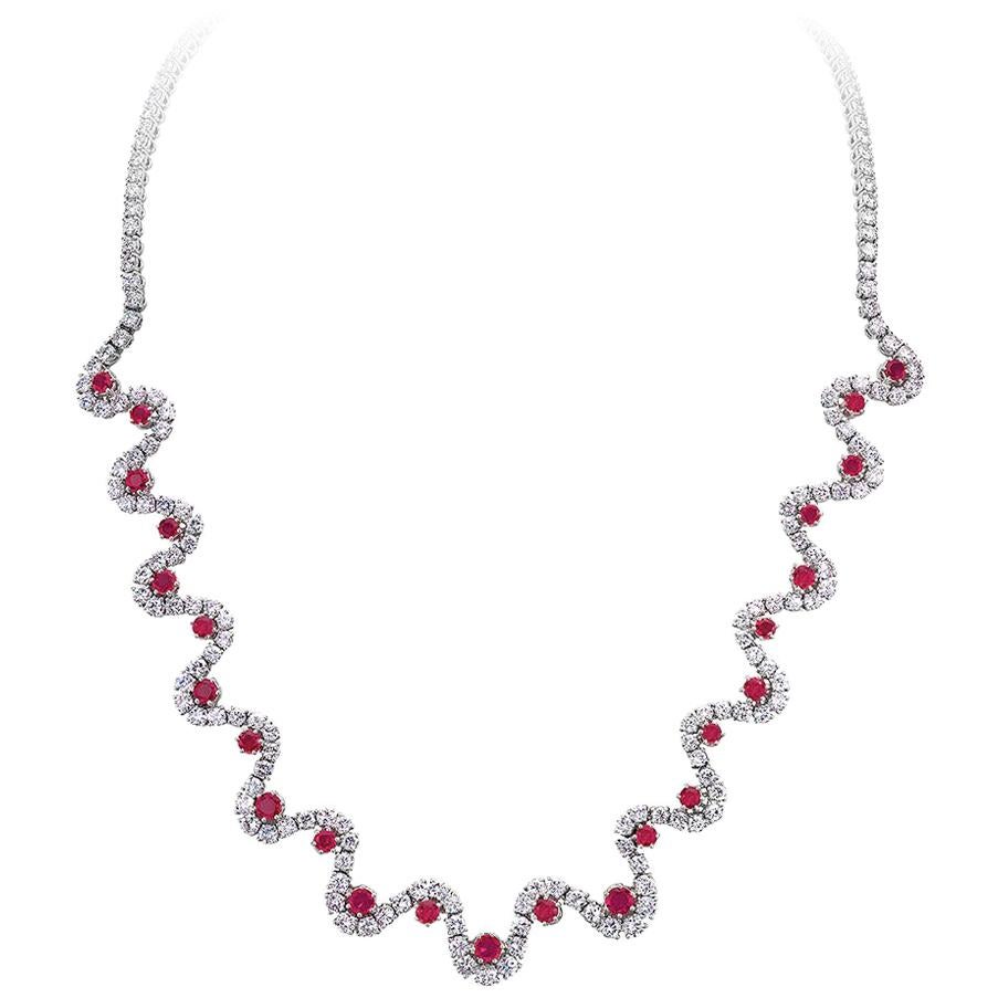 17.20 Carat Diamond and 4.25 Carat Ruby Wave Motif Platinum Necklace For Sale