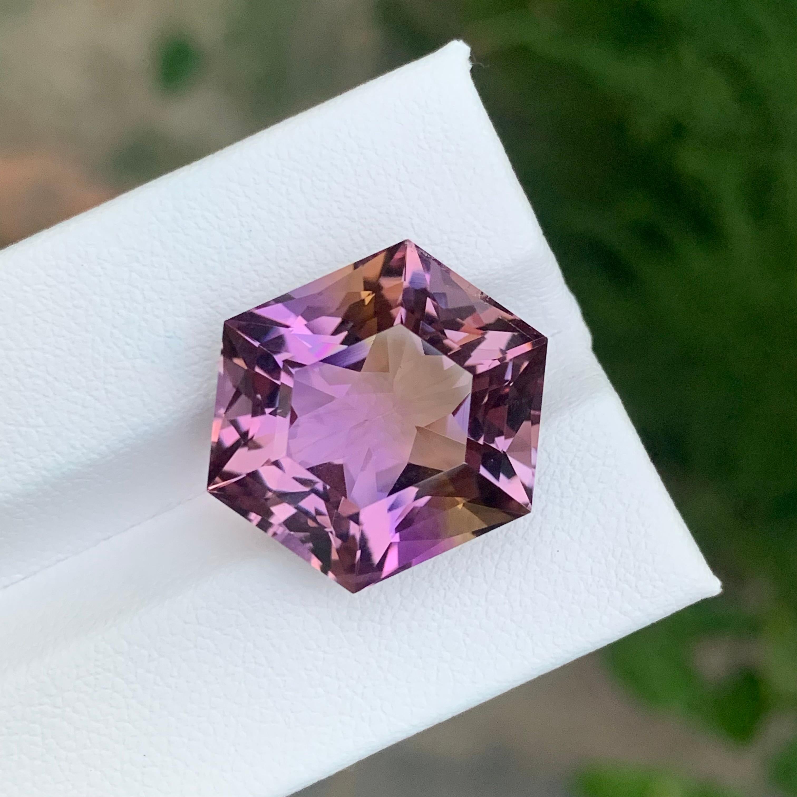 Amétrine à facettes 

Poids : 17,20 carats
Dimension : 19,9 x 16 x 10,9 mm
Forme : Hexagone 
Couleur : violet et jaune
Traitement : Non
Certificat : Sur demande du client
.
L'amétrine est une pierre précieuse unique et frappante qui combine