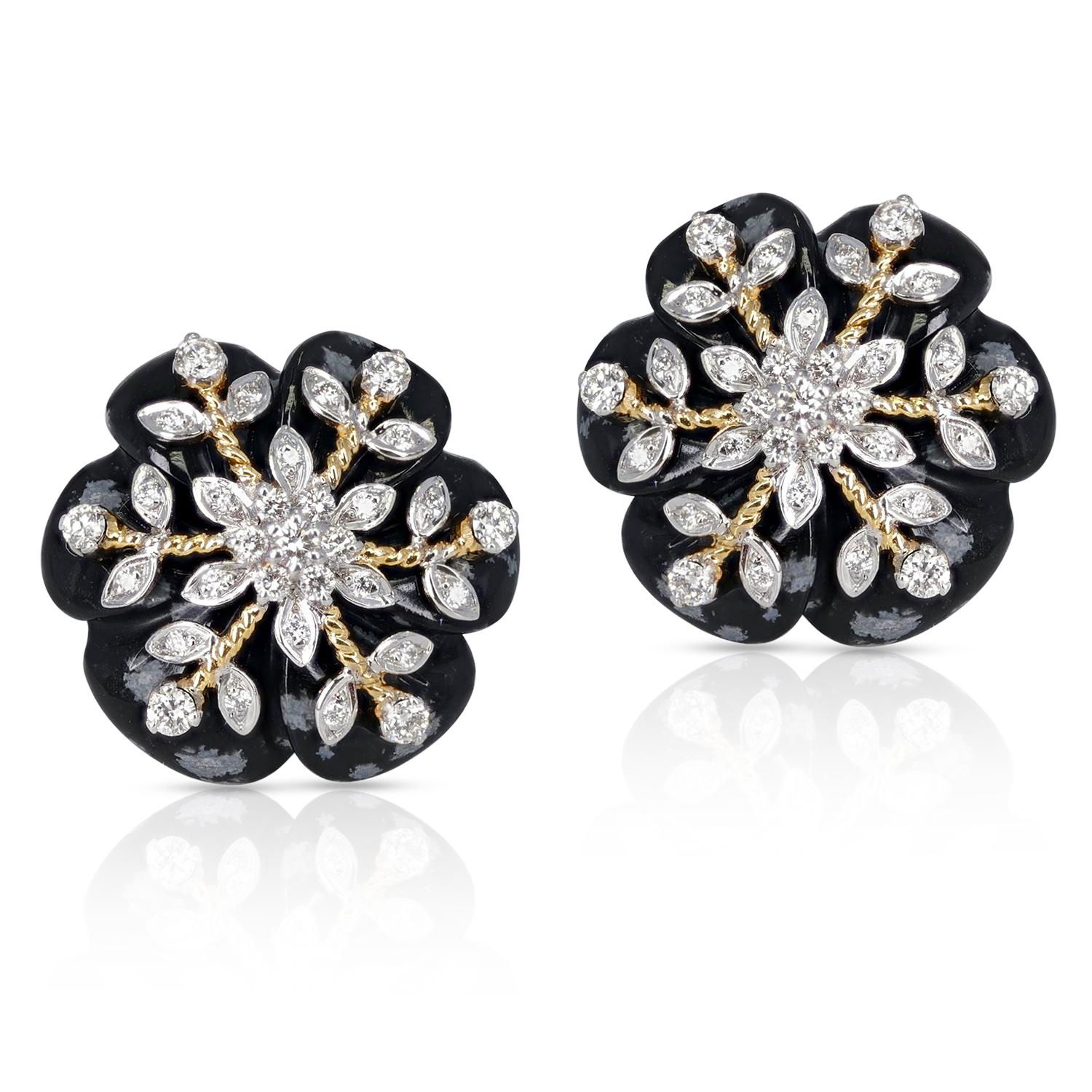 Round Cut 17.20 Ct. Snowflake Obsidian Earrings with 0.64 Ct. Diamonds, 14k For Sale