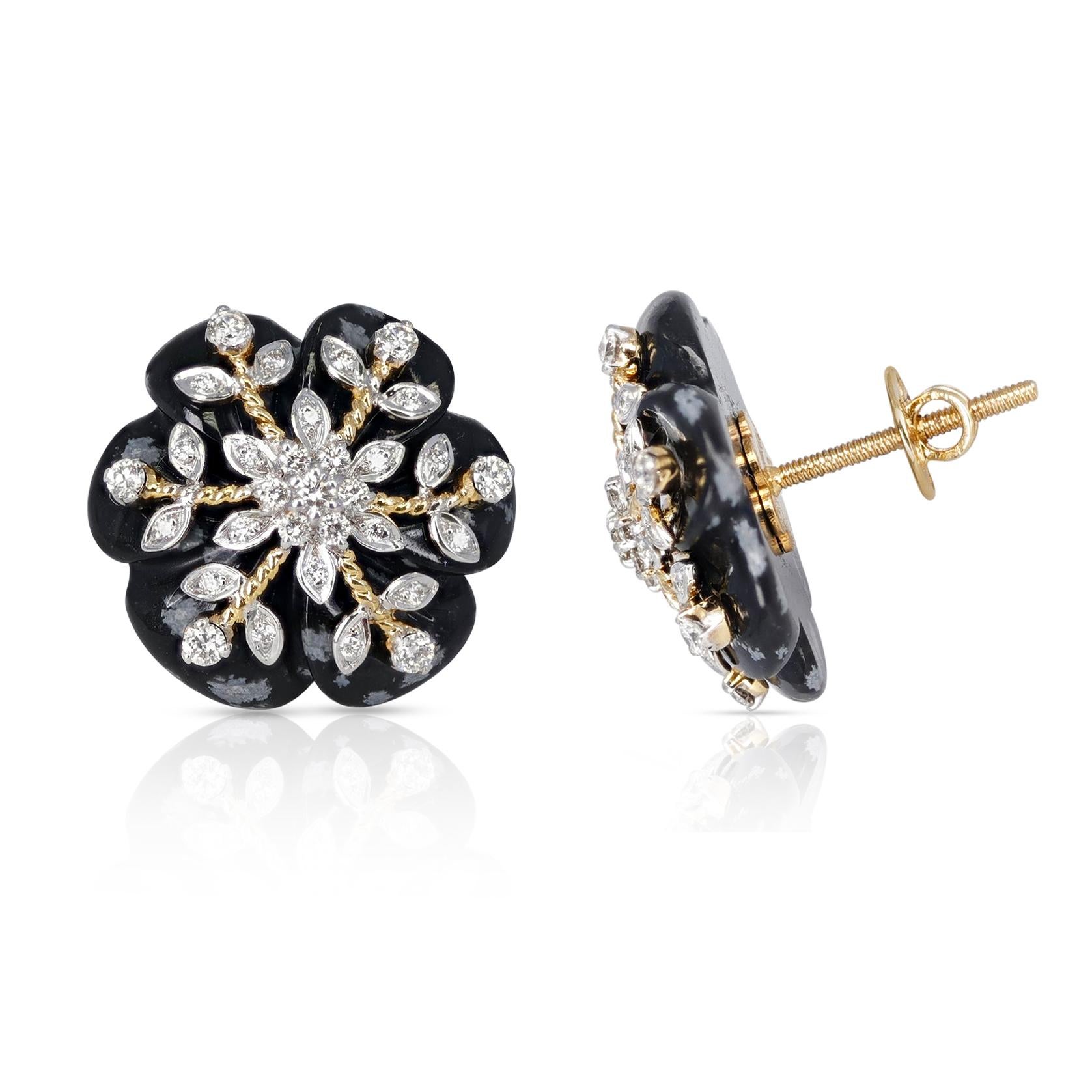 Women's or Men's 17.20 Ct. Snowflake Obsidian Earrings with 0.64 Ct. Diamonds, 14k For Sale