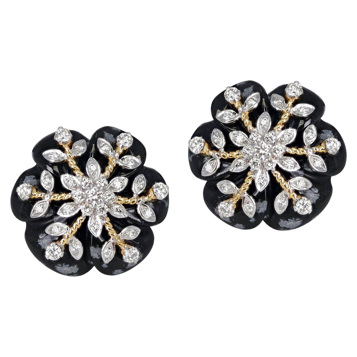 17.20 Ct. Snowflake Obsidian Earrings with 0.64 Ct. Diamonds, 14k