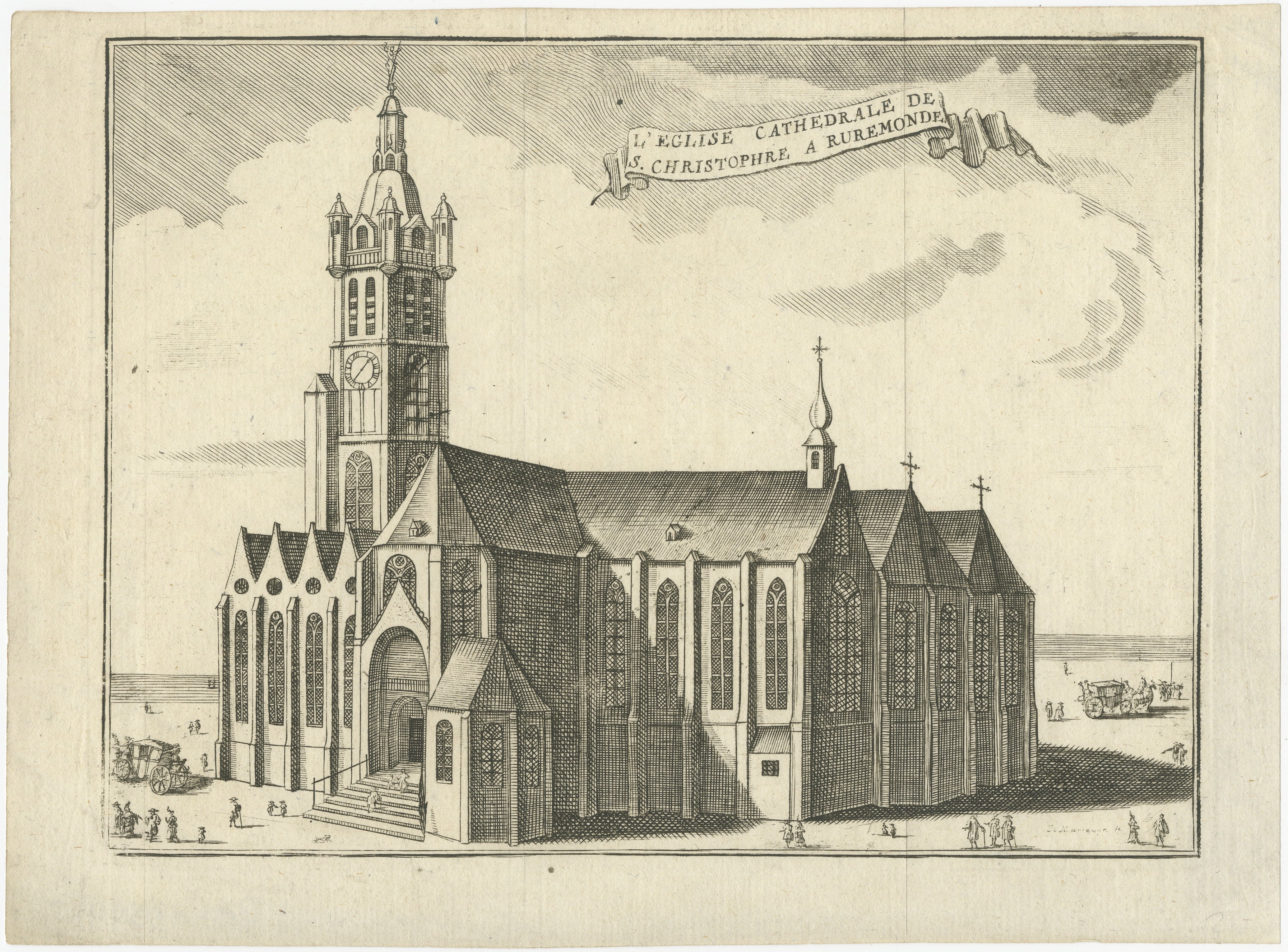 Este grabado antiguo, titulado *L'Eglise Cathedrale de S. Christophre à Ruremonde*, es un aguafuerte y un grabado creados por Jacobus Harrewijn hacia 1720. 

Ofrece una vista detallada de la Catedral de San Cristóbal de Roermond, la iglesia