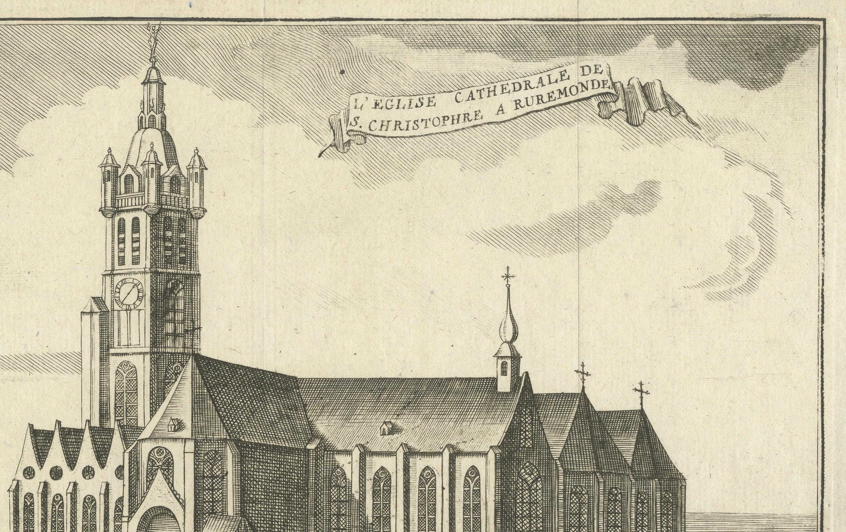 1720 Grabado de la catedral de San Cristóbal de Roermond por Jacobus Harrewijn en Bueno estado para la venta en Langweer, NL