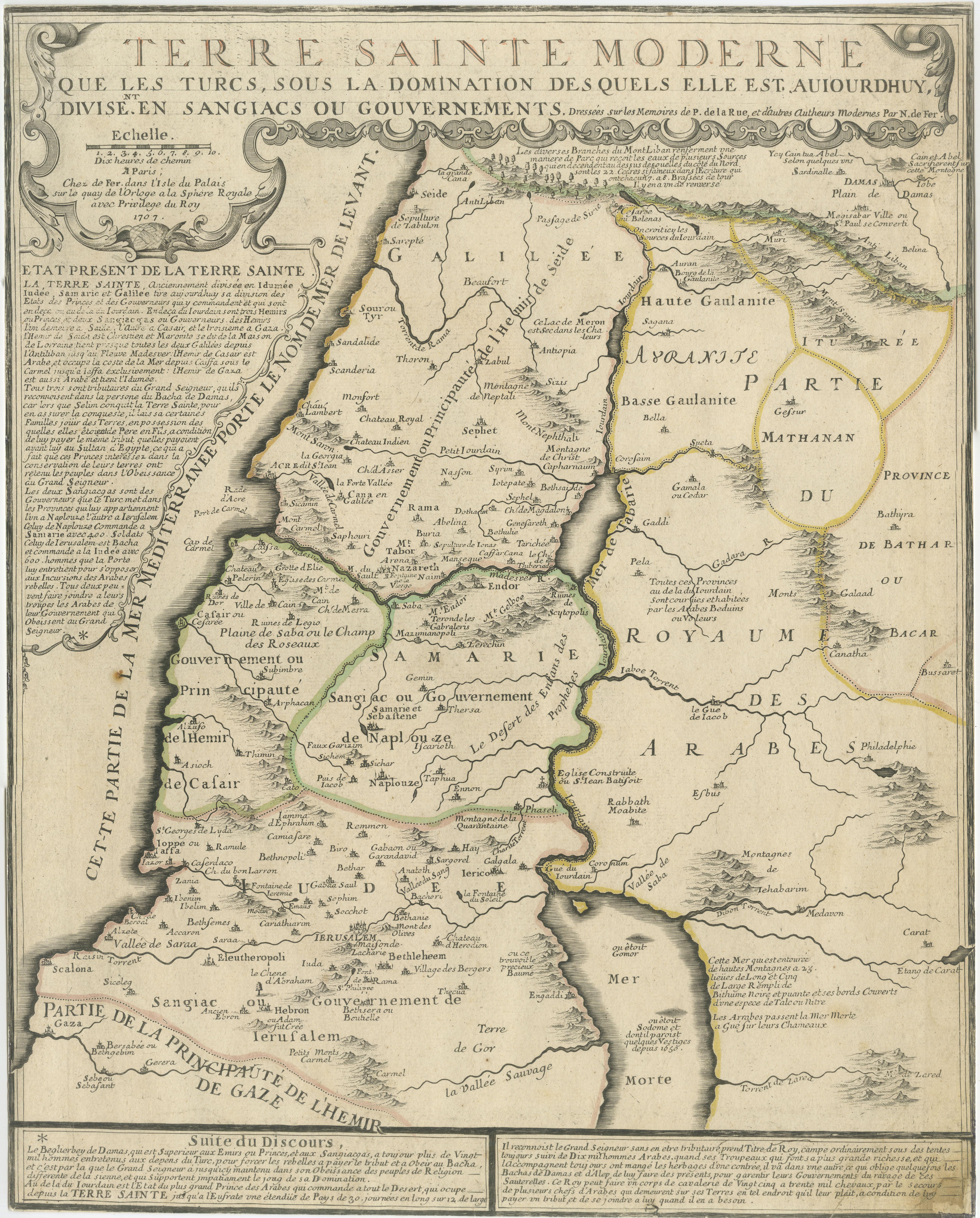 1720 Cartes de la Lande : Anciennes et modernes par De Fer et Danet  
 
Cet ensemble de deux cartes de 1720, publiées par Nicolas de Fer et Danet à Paris, présente une juxtaposition unique de la Terre sainte à l'époque antique et de sa configuration