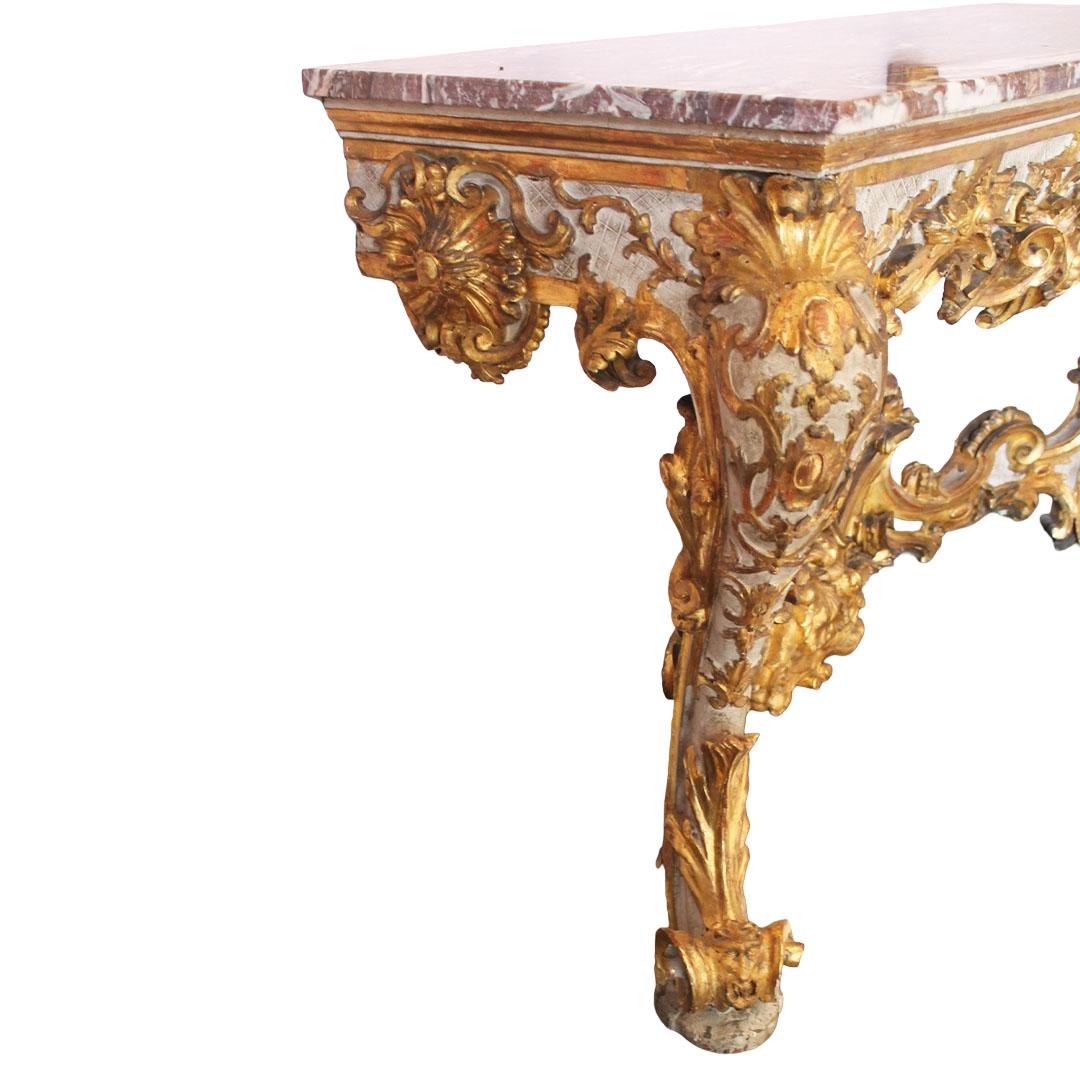 1720s Venetian Early Rococo Period Giltwood Console Table with Red Marble Top For Sale 6