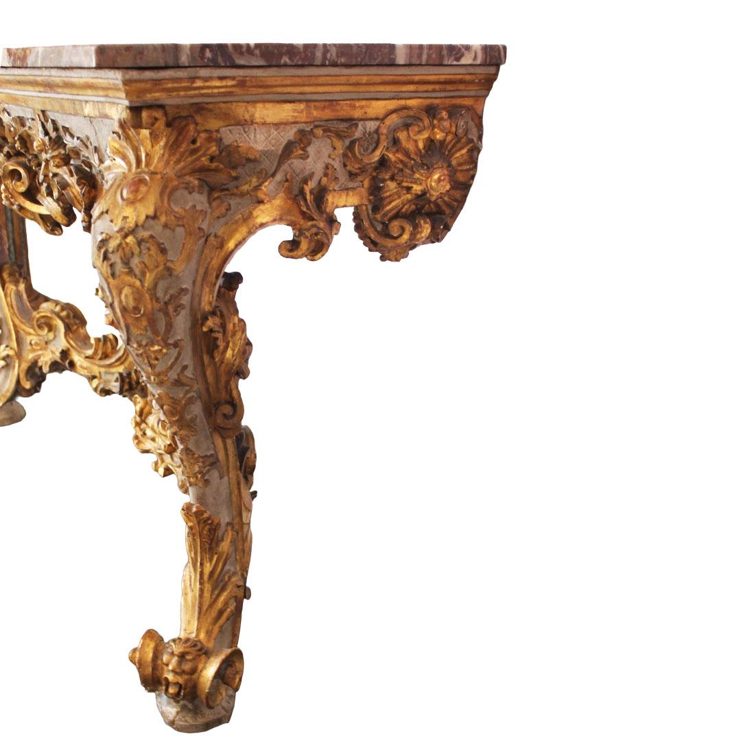 1720s Venetian Early Rococo Period Giltwood Console Table with Red Marble Top For Sale 8