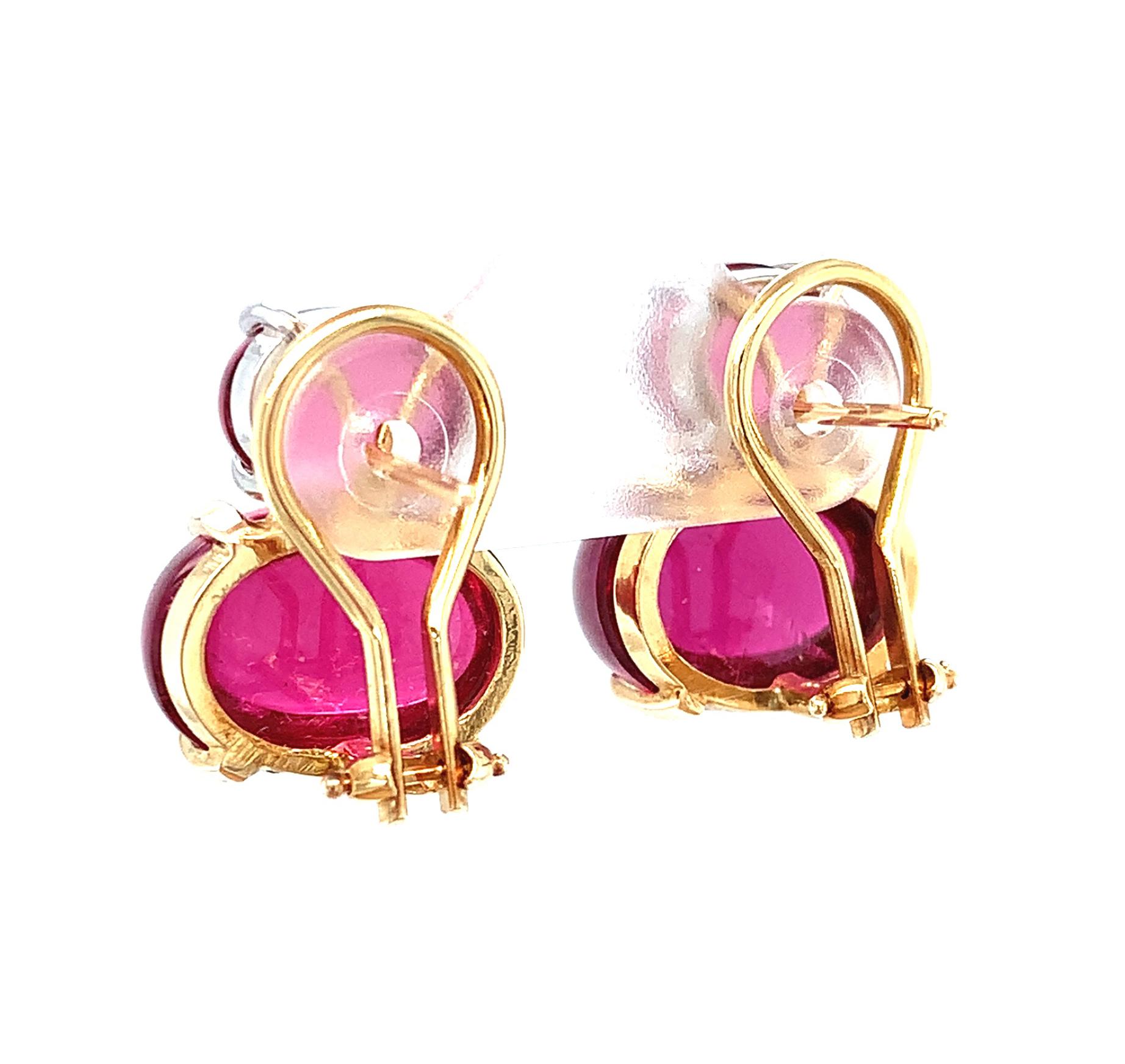17.21 Carat Rubellite Tourmaline Cabochon Yellow White Gold French Clip Earrings In New Condition In Los Angeles, CA
