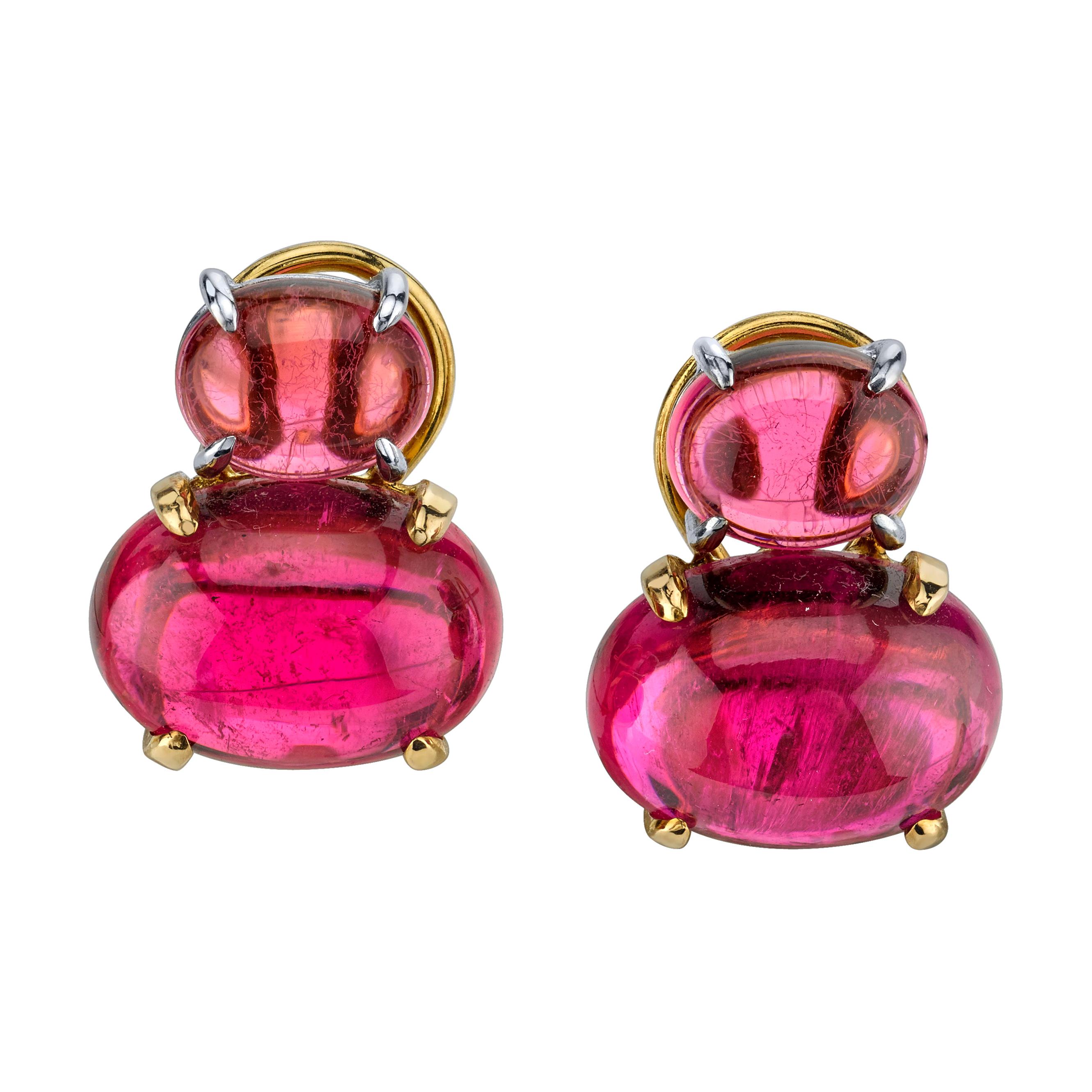 17.21 Carat Rubellite Tourmaline Cabochon Yellow White Gold French Clip Earrings