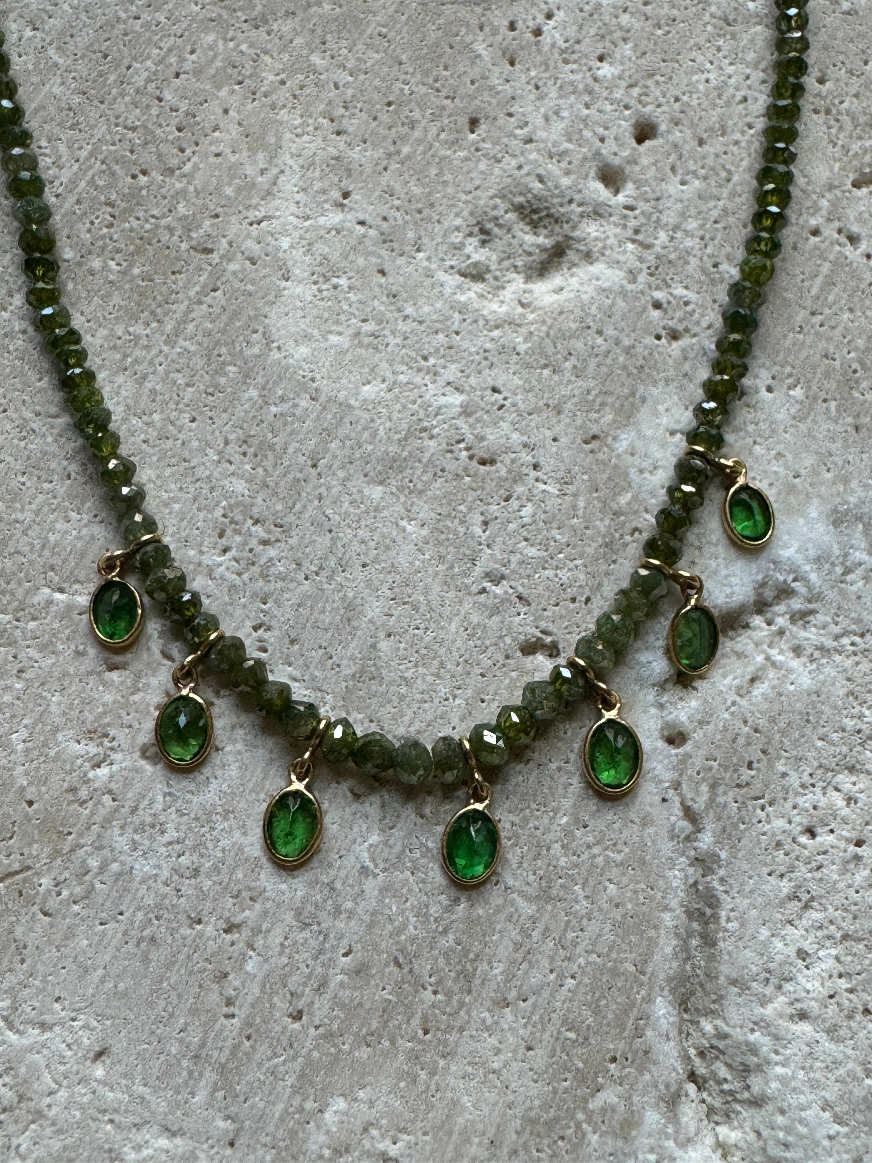 17.22 Carat Diamond Bead Chain in 18K Gold with Tsavorite Pears For Sale 4