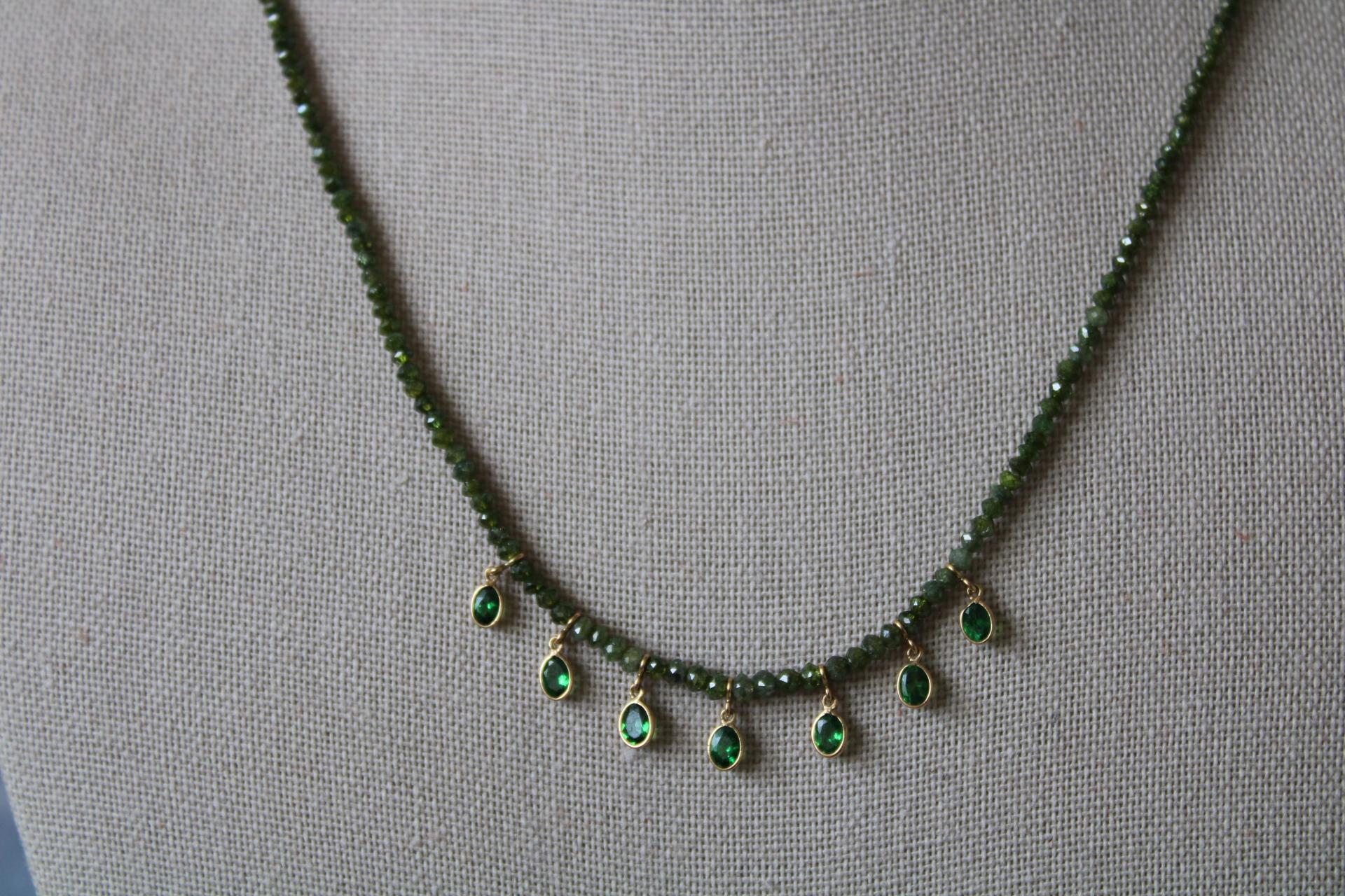 Modern 17.22 Carat Diamond Bead Chain in 18K Gold with Tsavorite Pears For Sale