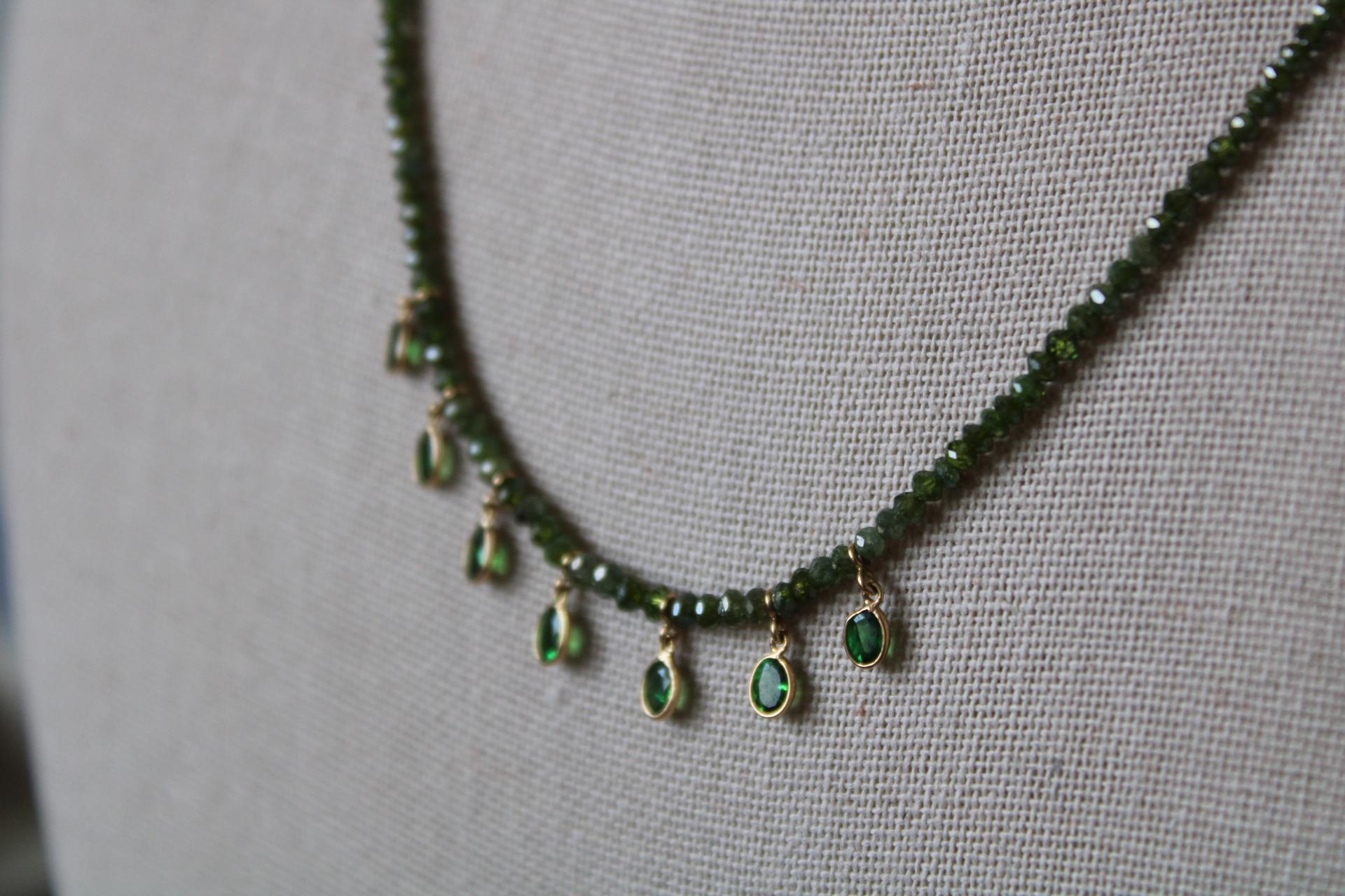 Women's 17.22 Carat Diamond Bead Chain in 18K Gold with Tsavorite Pears For Sale