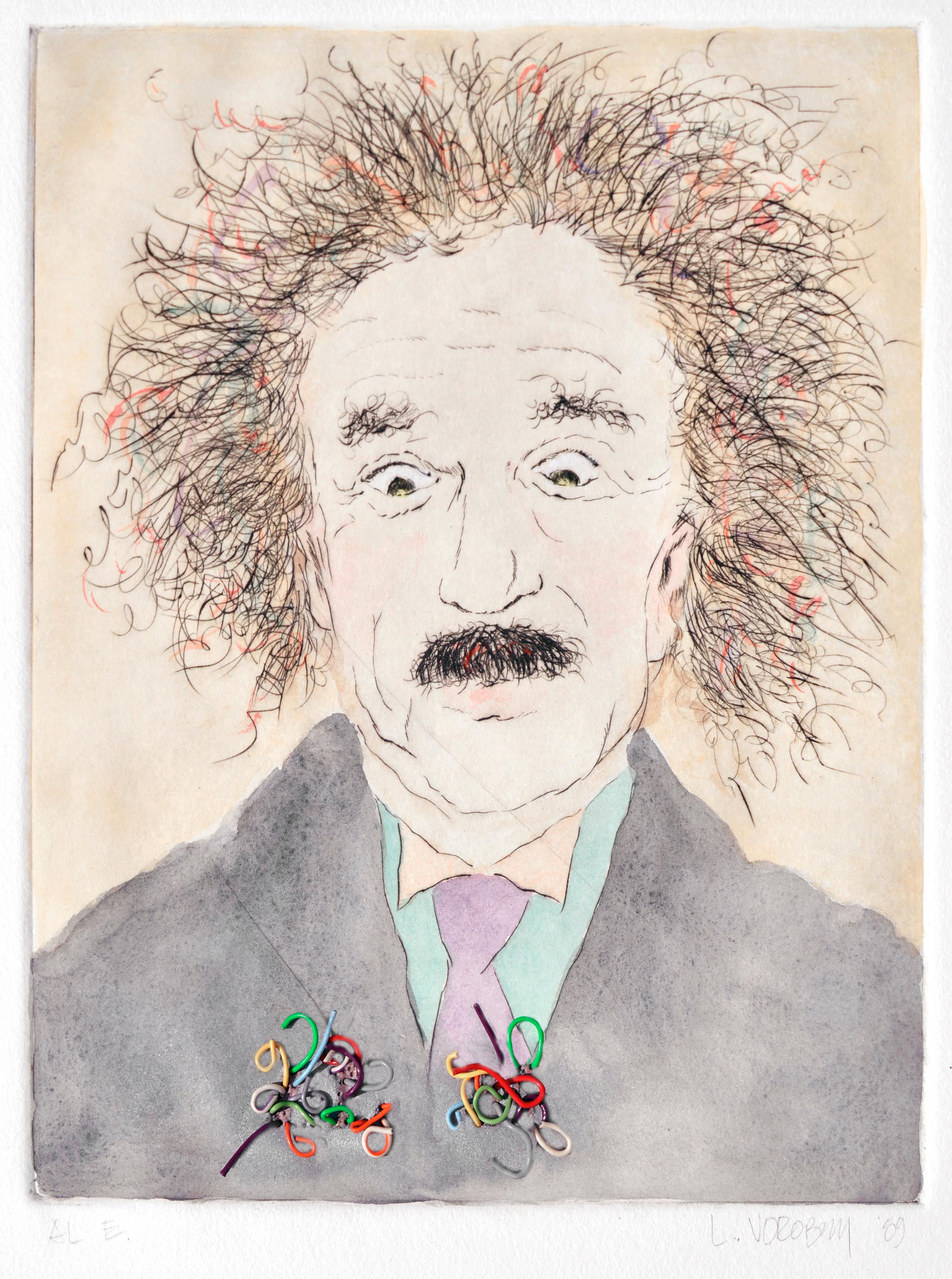 Porträt von Albert Einstein mit mehrfarbigen Drahtverschlüssen  – Print von Lilya Vorobey