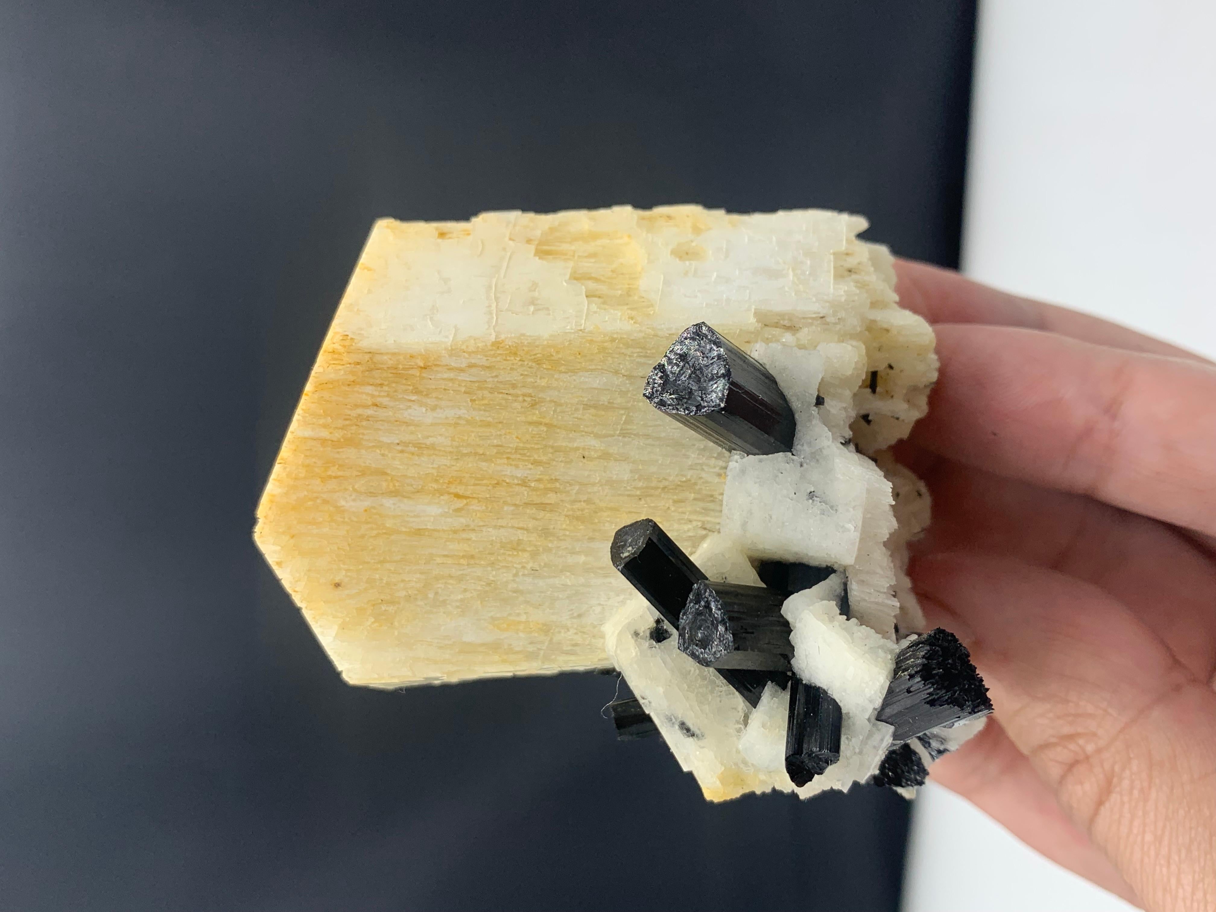 Spécimen Feldspar de 172,35 grammes attaché avec des cristaux noirs en forme de spirale du Pakistan Bon état - En vente à Peshawar, PK