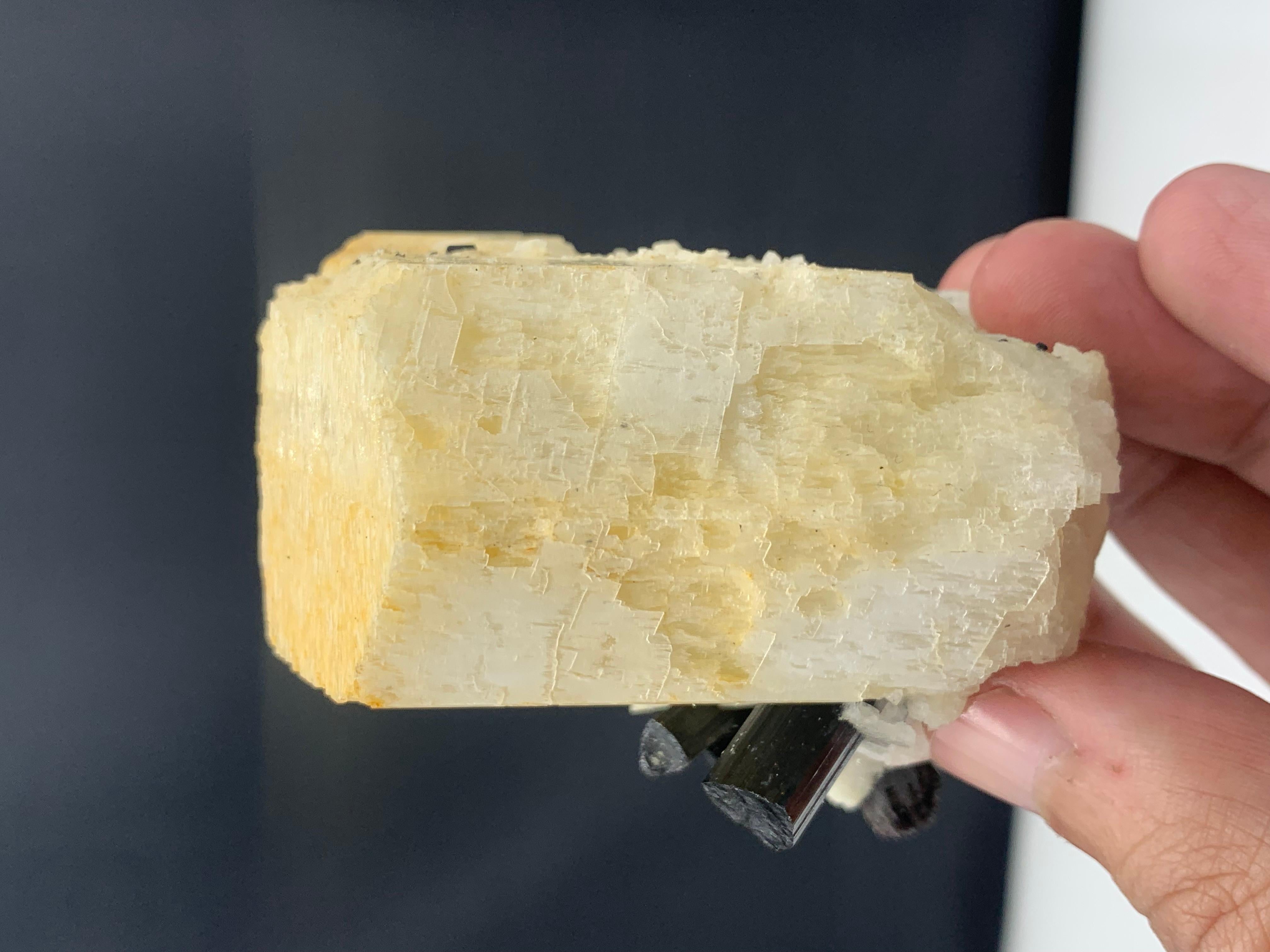 Spécimen Feldspar de 172,35 grammes attaché avec des cristaux noirs en forme de spirale du Pakistan en vente 1