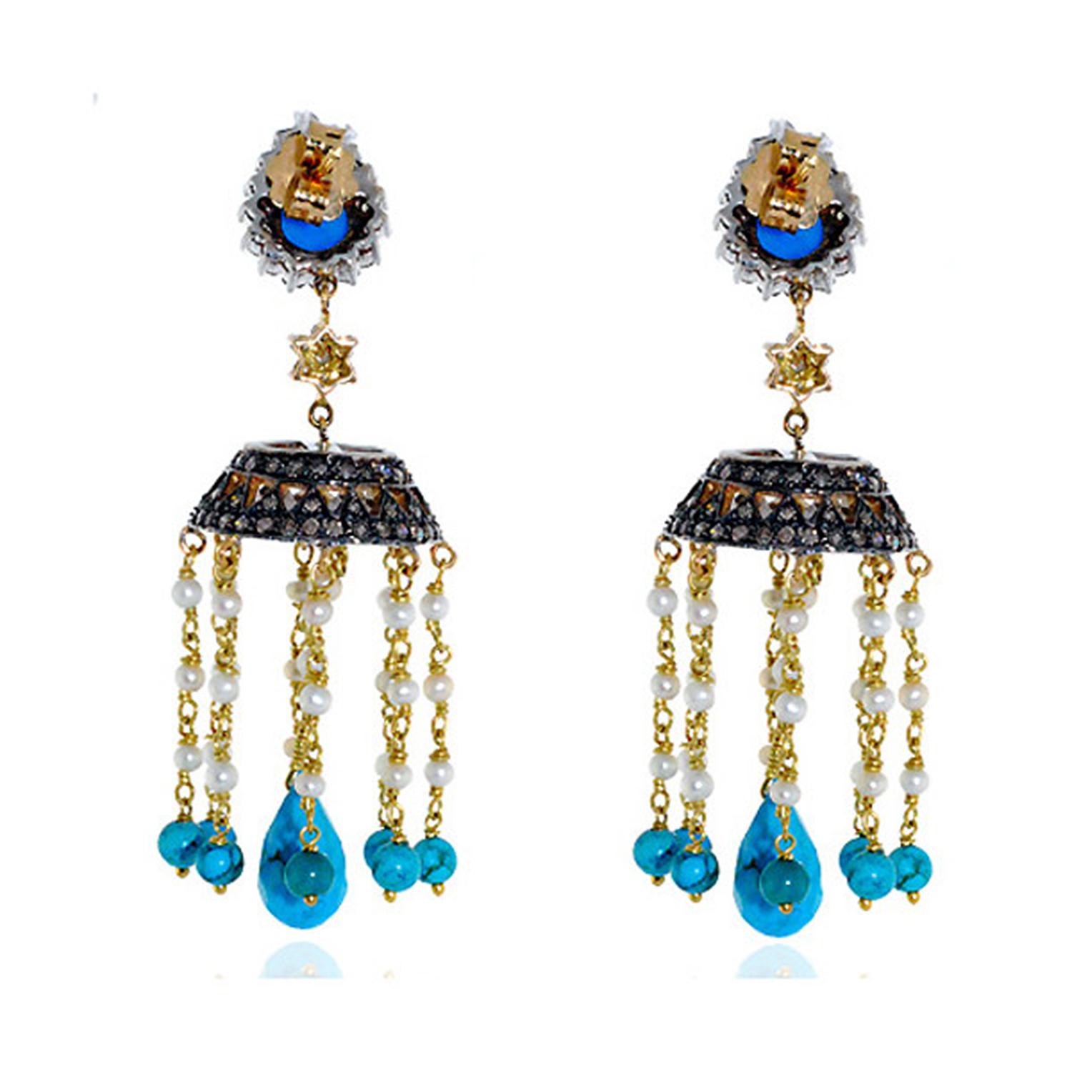 Modern 17.24 Turquoise Diamond Pearl Tassel Earrings For Sale