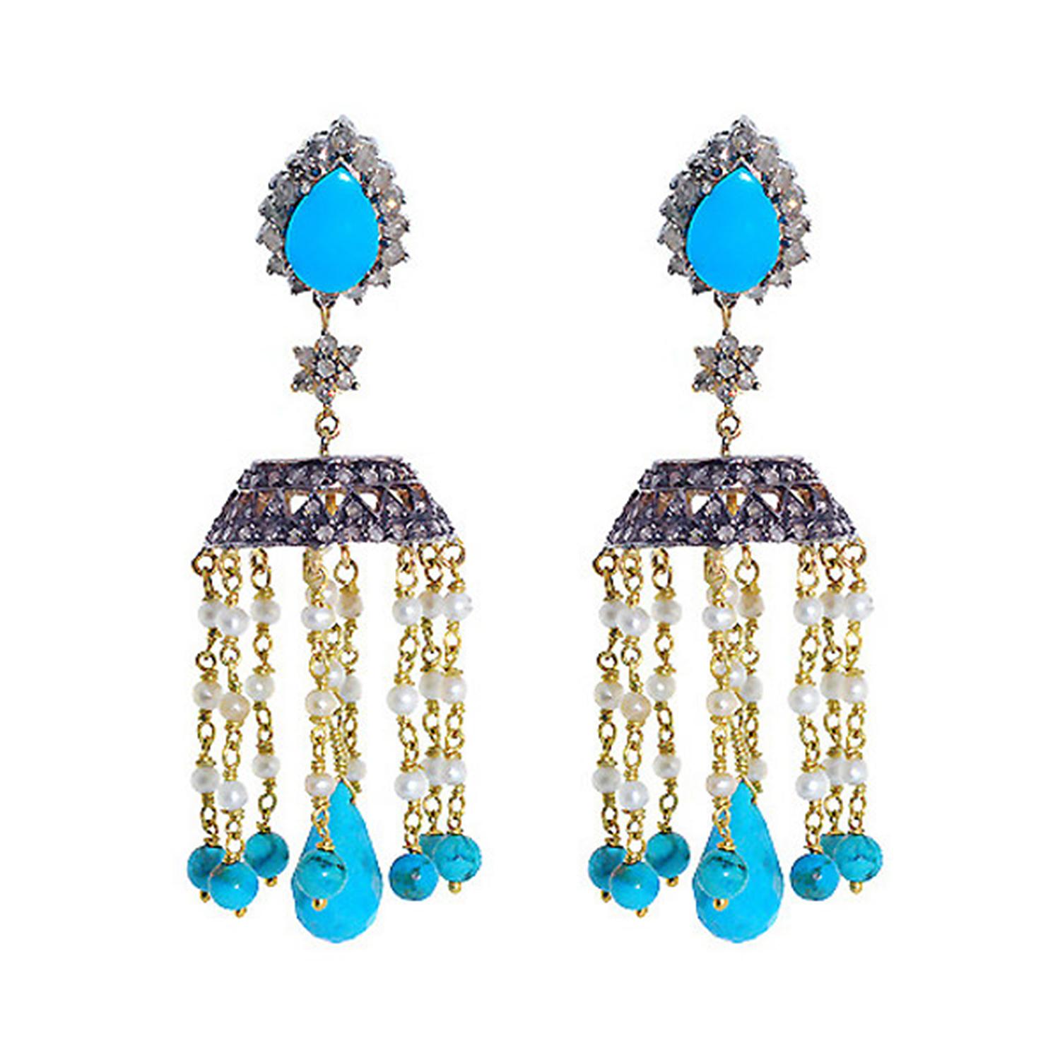 Mixed Cut 17.24 Turquoise Diamond Pearl Tassel Earrings For Sale
