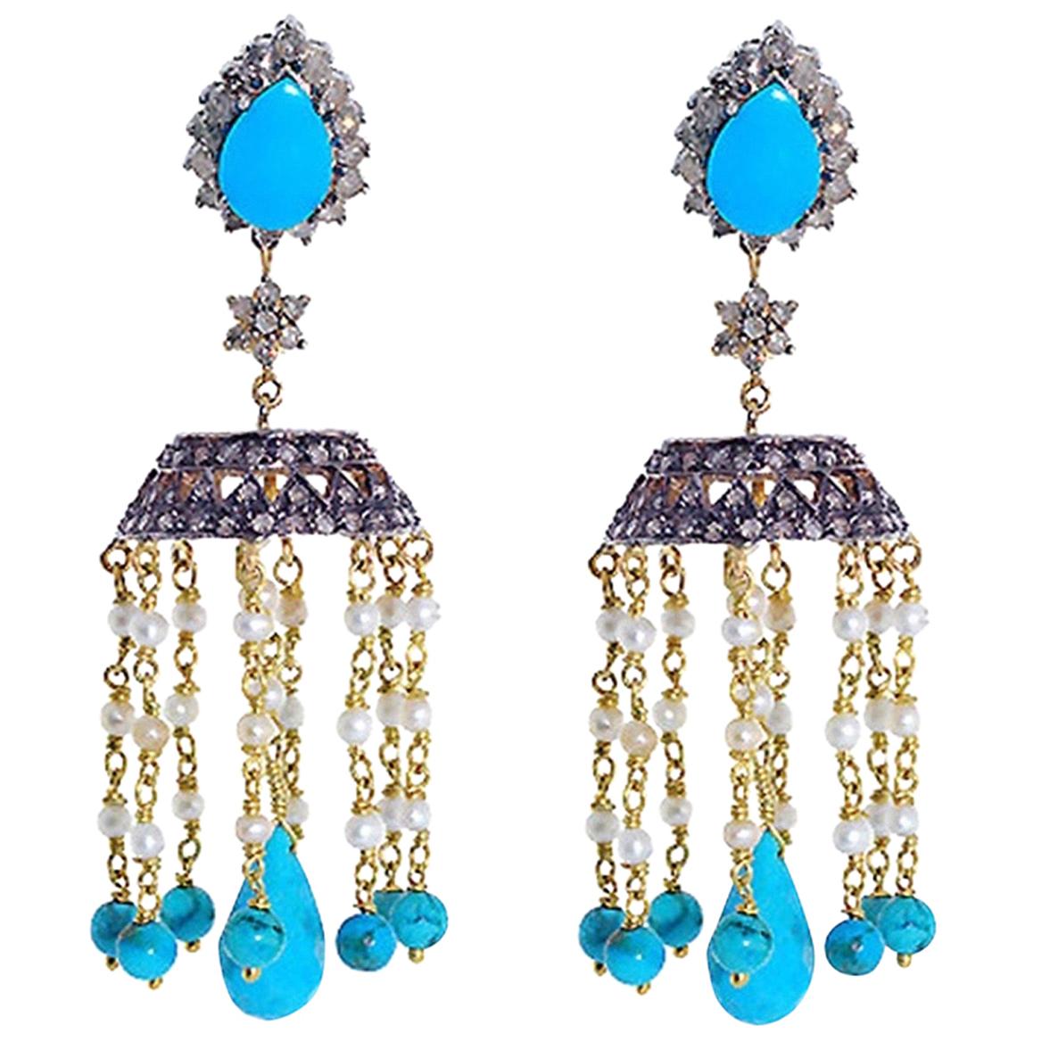 17.24 Turquoise Diamond Pearl Tassel Earrings For Sale
