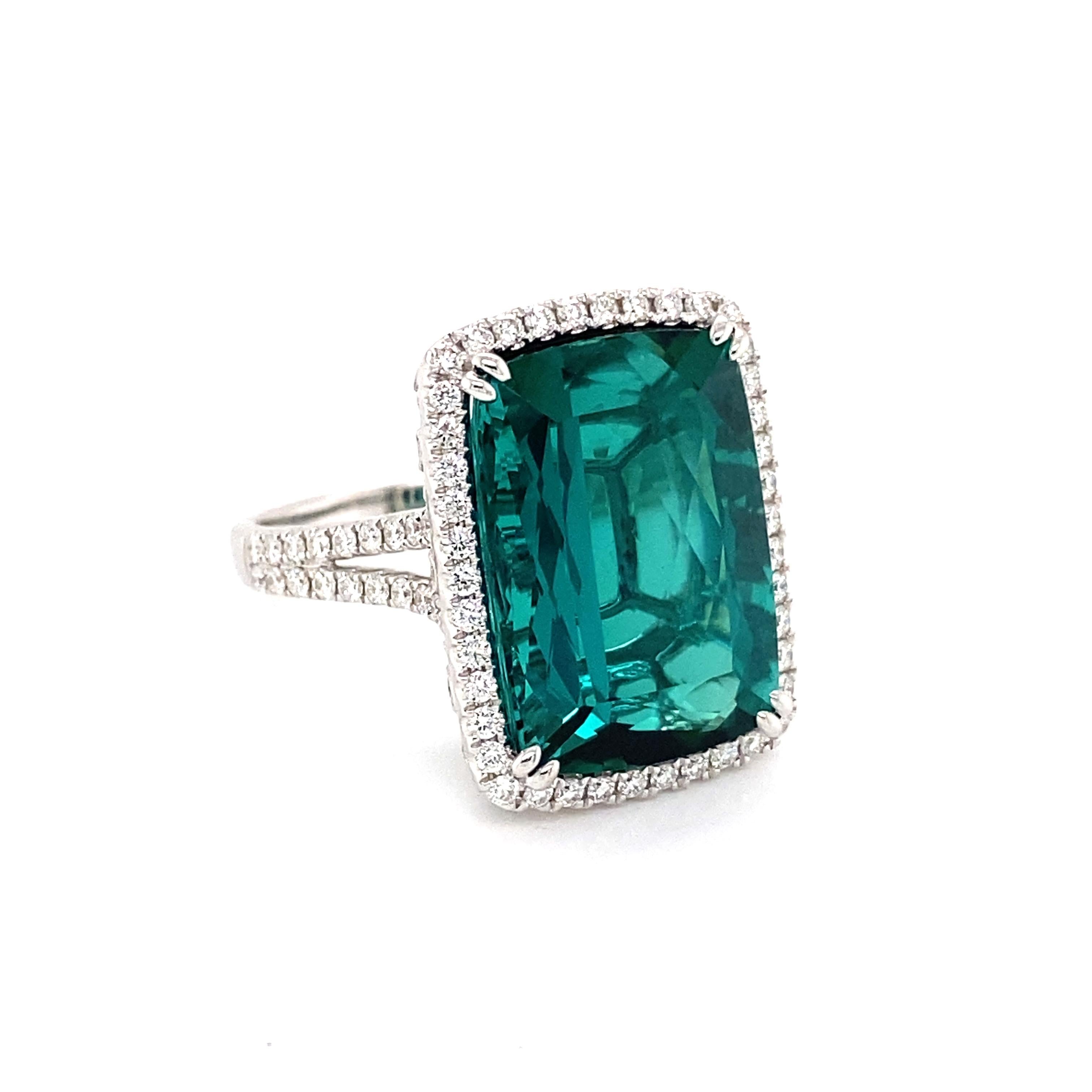 17.25 Carat Cushion Blue Green Tourmaline and Diamond Cocktail Ring For ...