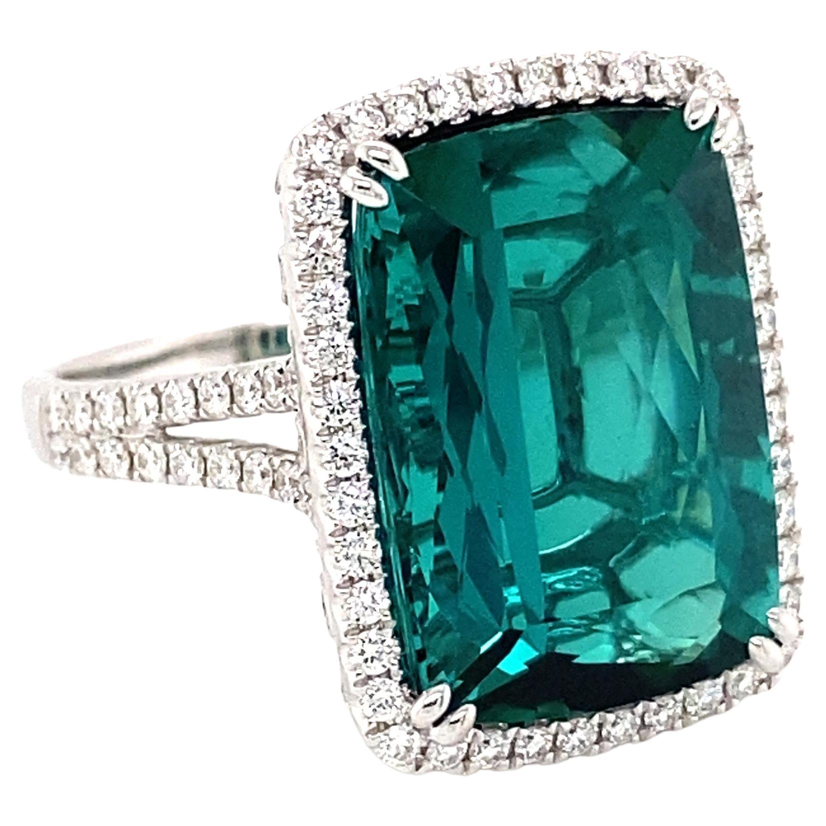 17.25 Carat Cushion Blue Green Tourmaline and Diamond Cocktail Ring For Sale