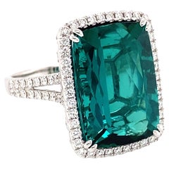 blue green tourmaline ring 17.25 Carat Cushion Blue Green Tourmaline and Diamond Cocktail Ring