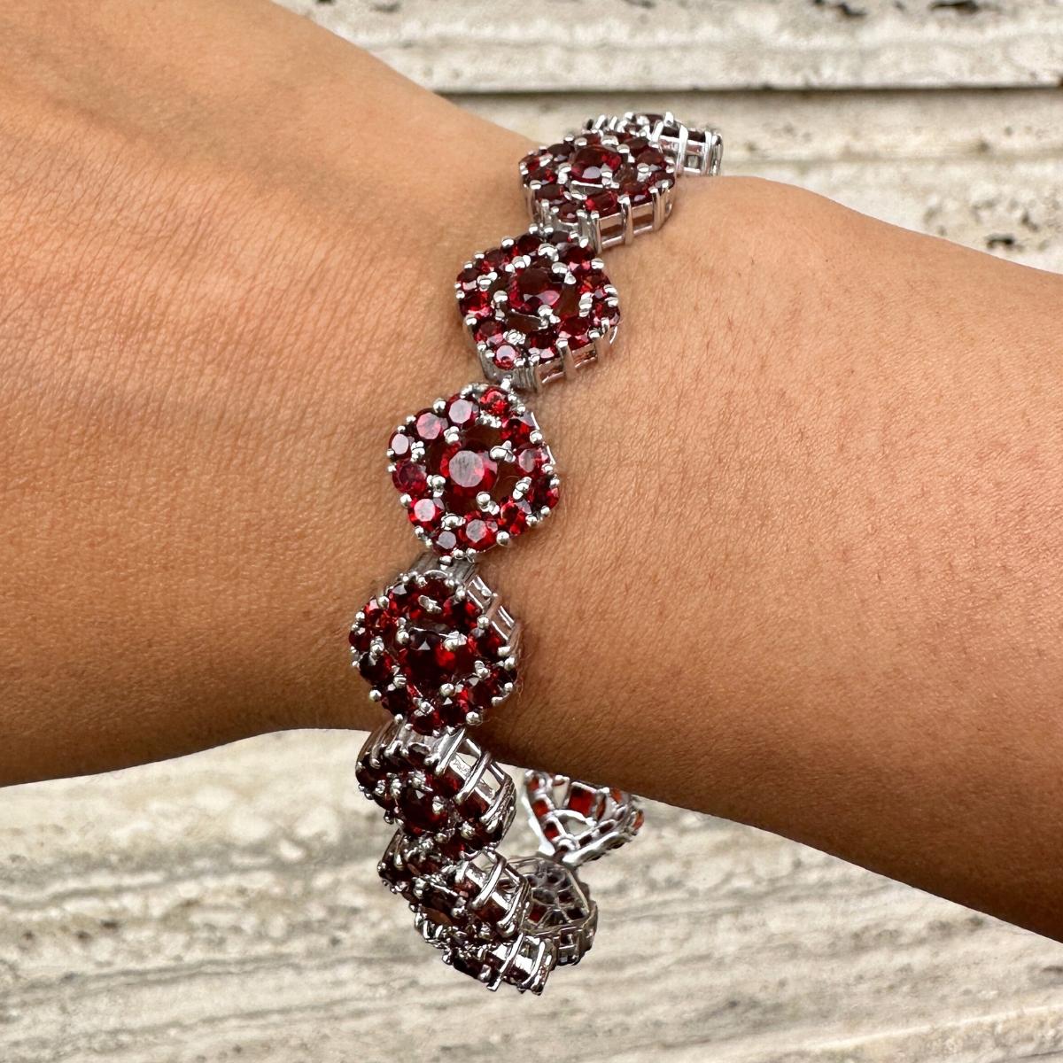 Women's 17.25 CTW Garnet January Birthstone Wedding Bracelet for Mom in Sterling Silver For Sale