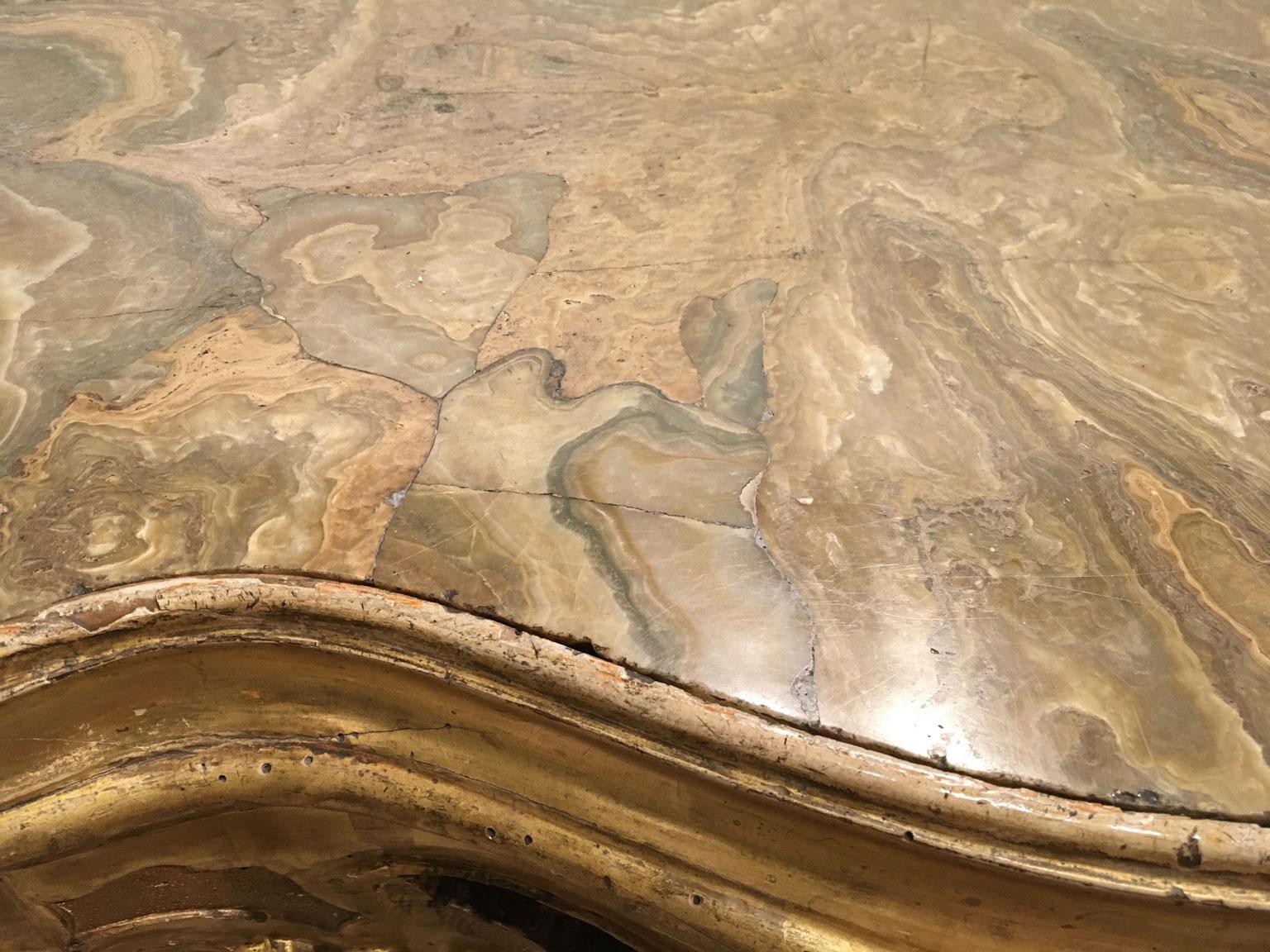 Walnut 1725 Venezia Italy Giltwood Engraved Console with Onyx  Marble Top For Sale