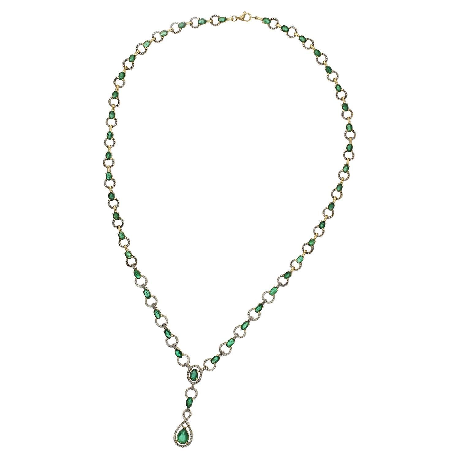 17.25CT Natural Emerald 1CT Diamond 14K Yellow Gold Necklace For Sale