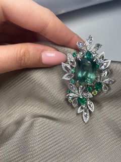 25.99 Carat Green Apatite, Diamonds and Emerald Brooch Set in 18k Gold GRS Cert.