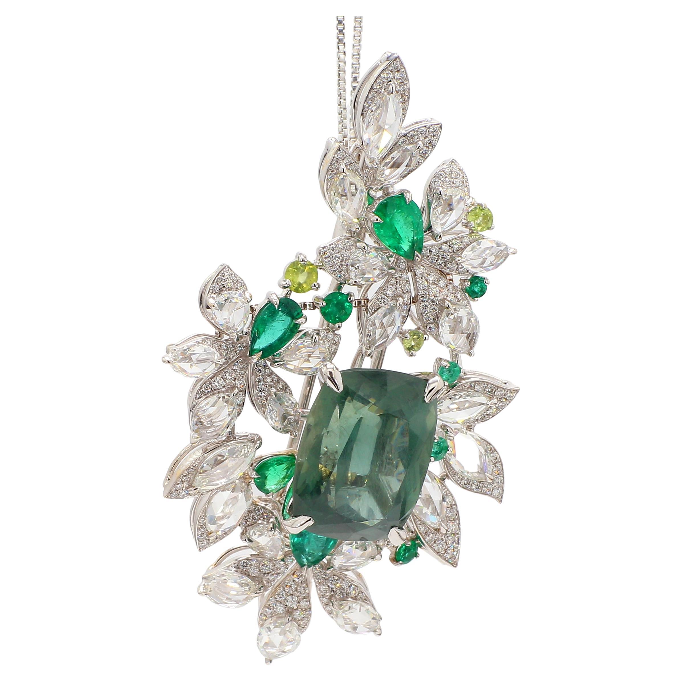 Radiant Cut 25.99 Carat Green Apatite, Diamonds and Emerald Brooch Set in 18k Gold GRS Cert. For Sale