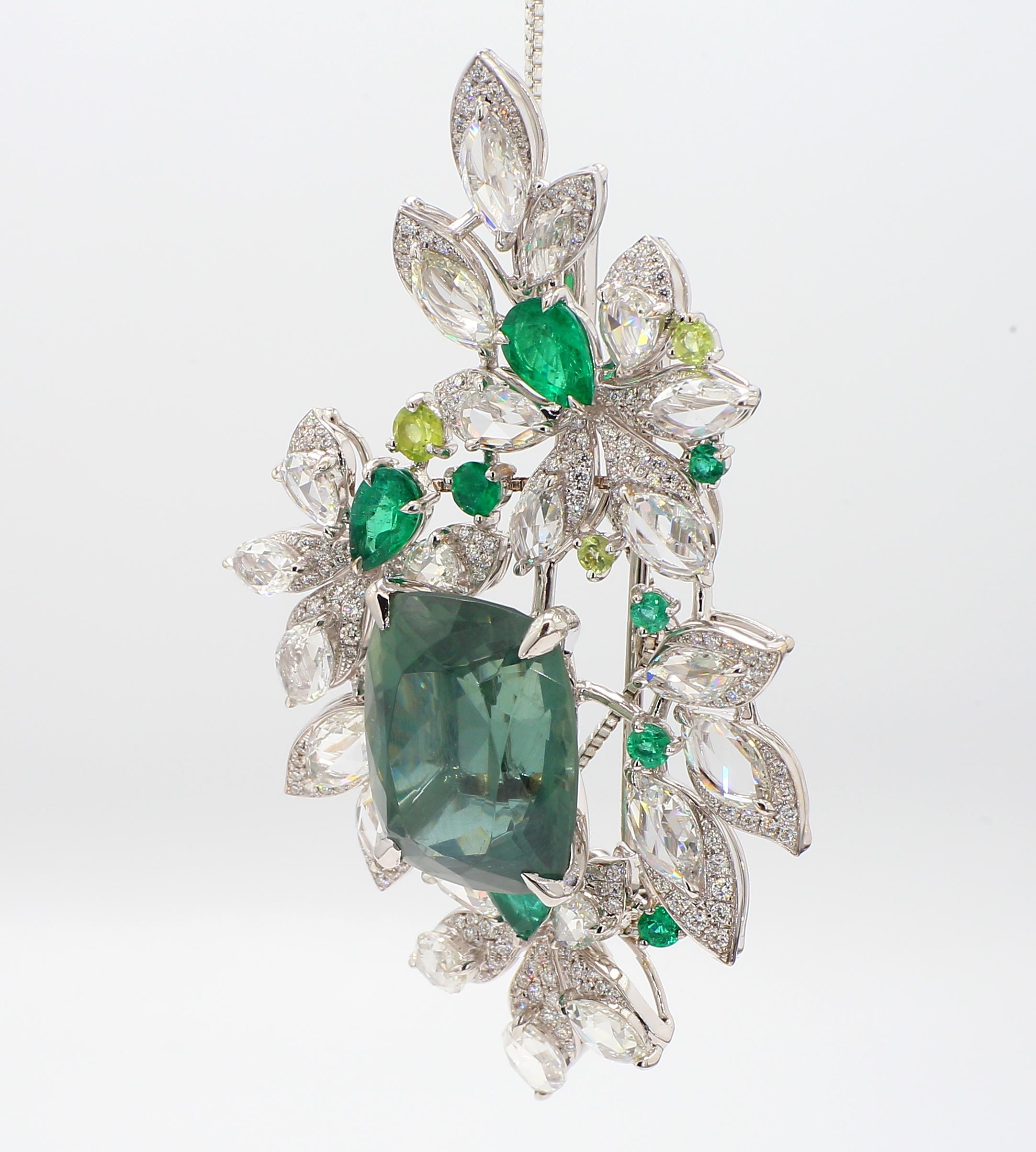 Women's 25.99 Carat Green Apatite, Diamonds and Emerald Brooch Set in 18k Gold GRS Cert. For Sale