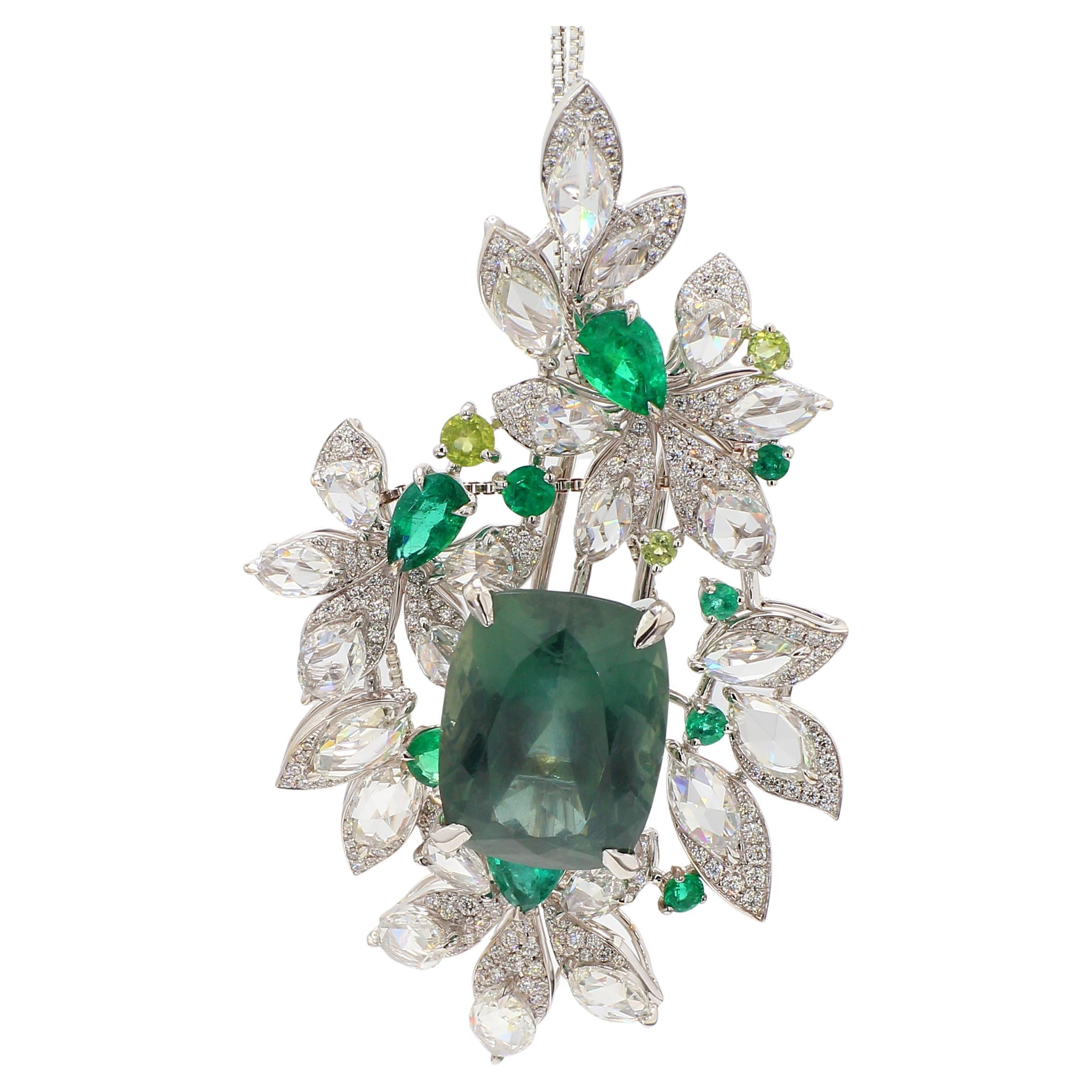25.99 Carat Green Apatite, Diamonds and Emerald Brooch Set in 18k Gold GRS Cert. For Sale