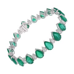 17.27Ct Zambian Emerald Pear Diamond Gemstone Tennis Bracelet 14K White Gold