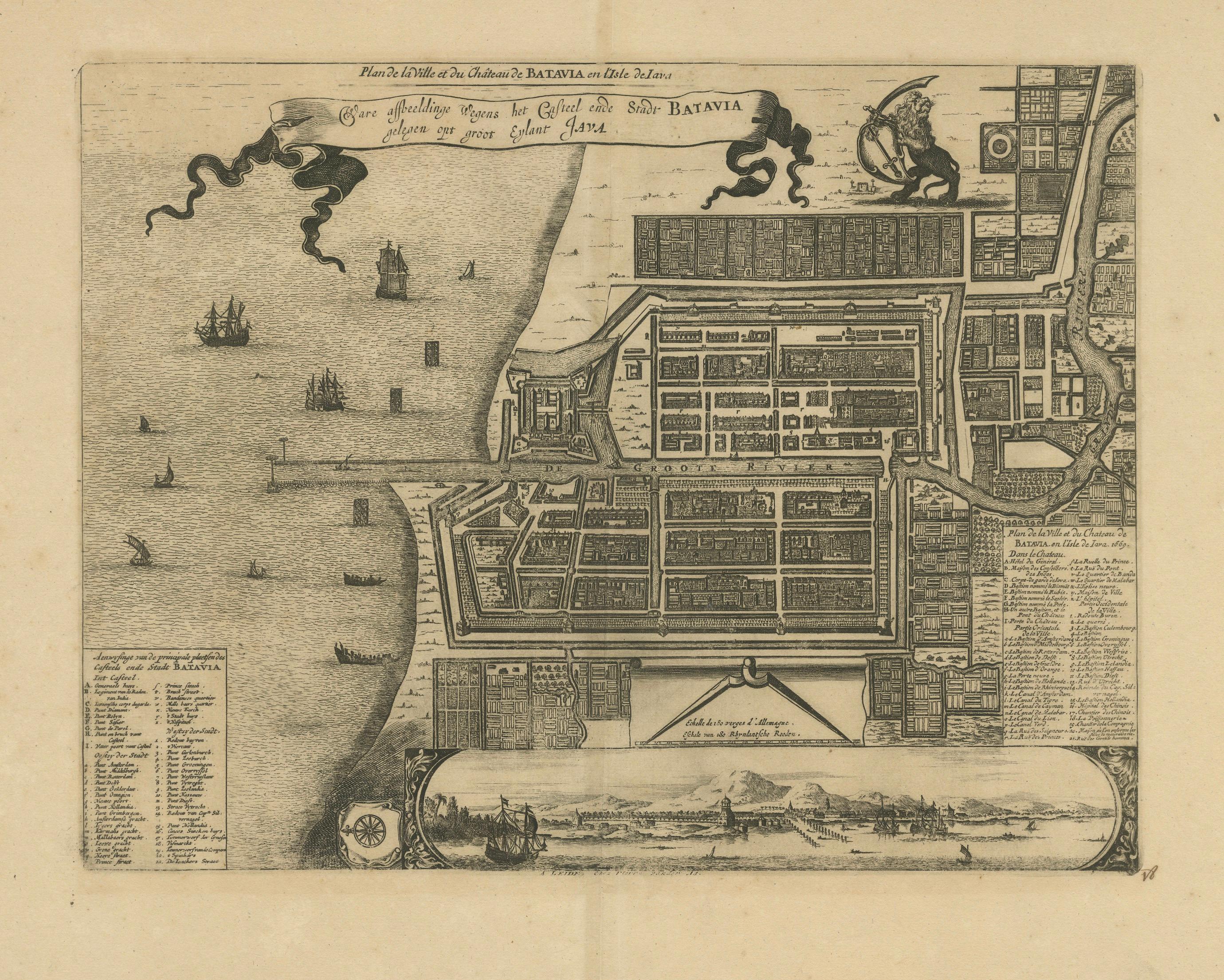 1728 Carte du château et de la ville de Batavia, Java - Aa der Van après 1669

Il s'agit d'une gravure ancienne sur cuivre intitulée 