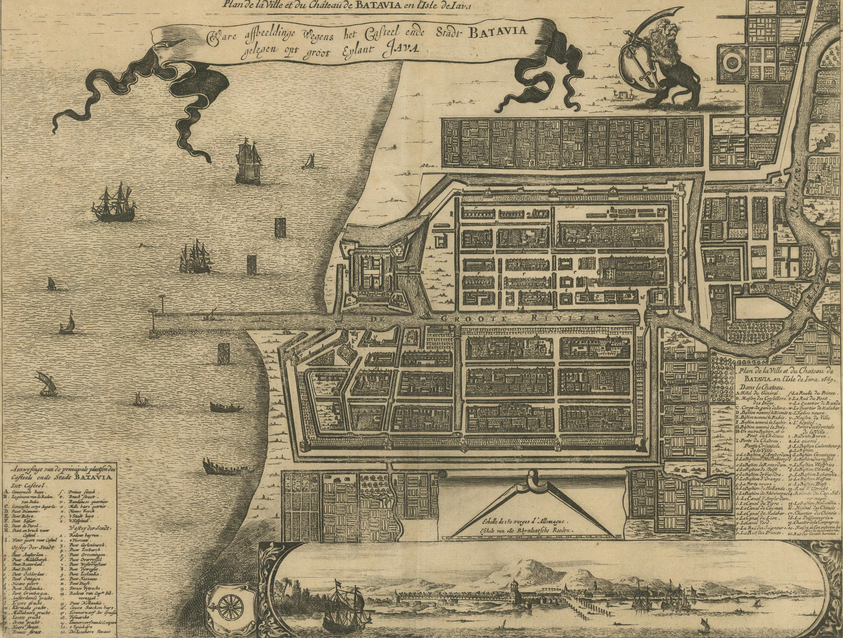 Néerlandais 1728 Carte du château et de la ville de Batavia, Java - Aa der Van après 1669 en vente