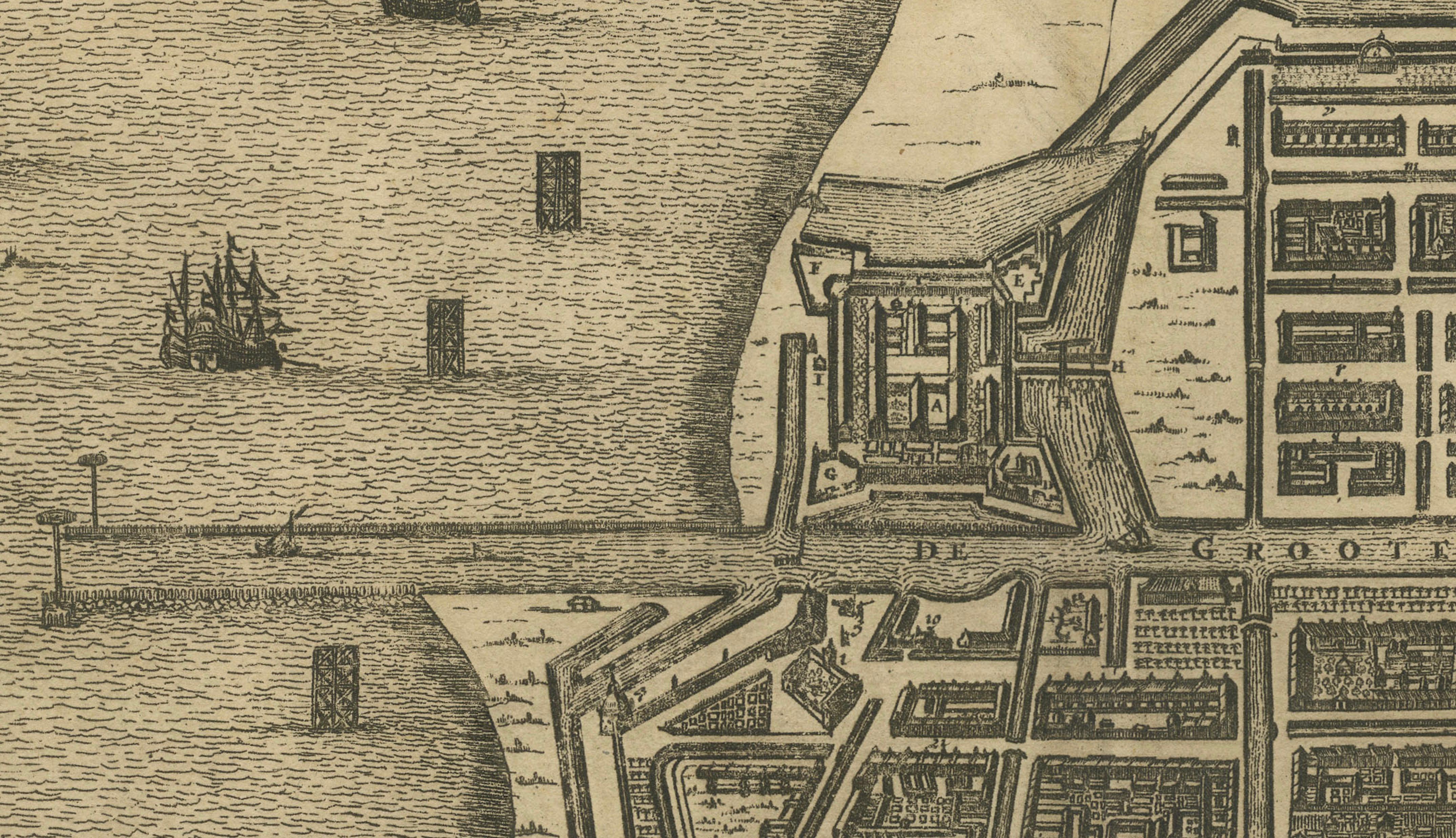 Gravé 1728 Carte du château et de la ville de Batavia, Java - Aa der Van après 1669 en vente