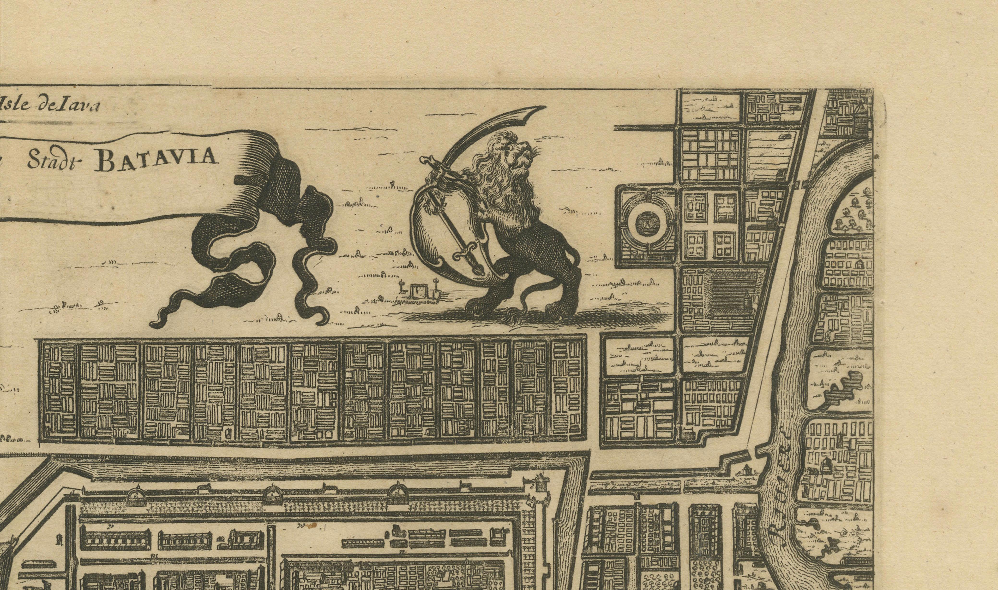 Papier 1728 Carte du château et de la ville de Batavia, Java - Aa der Van après 1669 en vente