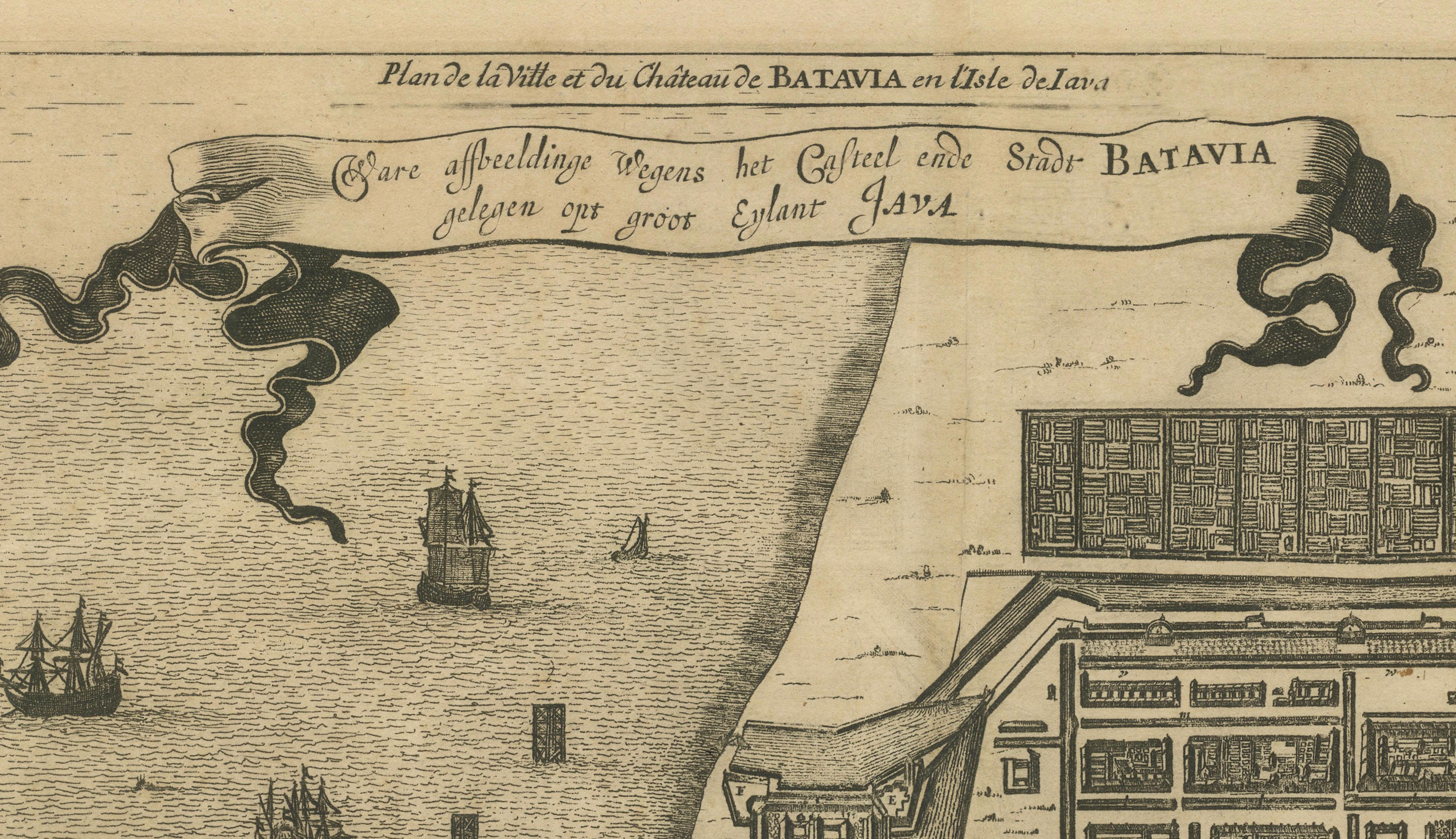 1728 Carte du château et de la ville de Batavia, Java - Aa der Van après 1669 en vente 1