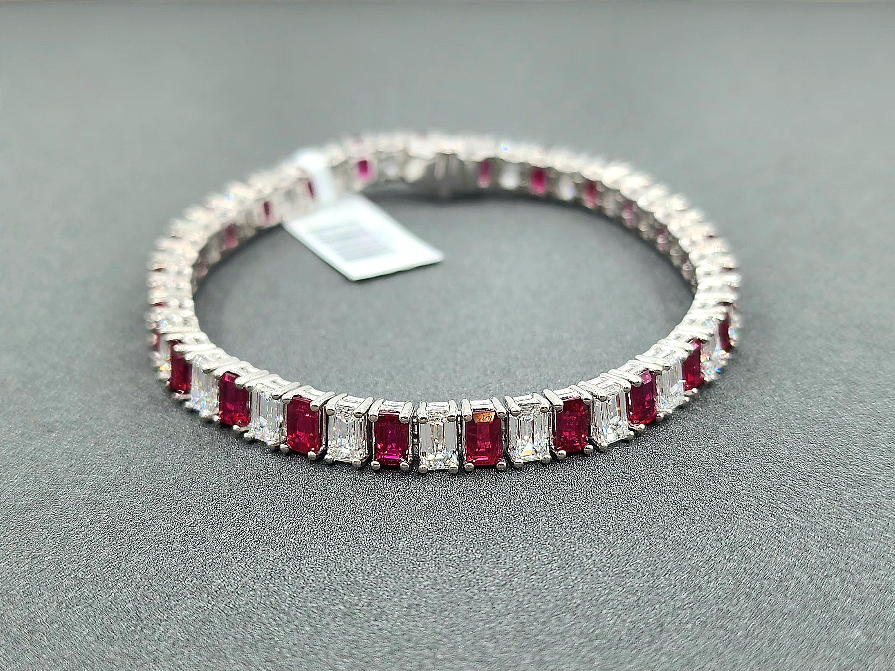 This exquisite bracelet is a must-have for any fashionista! It features 24 emerald-cut natural rubies, each weighing approximately 0.39 carats, for a total weight of 9.29 carats. The rubies are arranged in a unique and eye-catching pattern and are