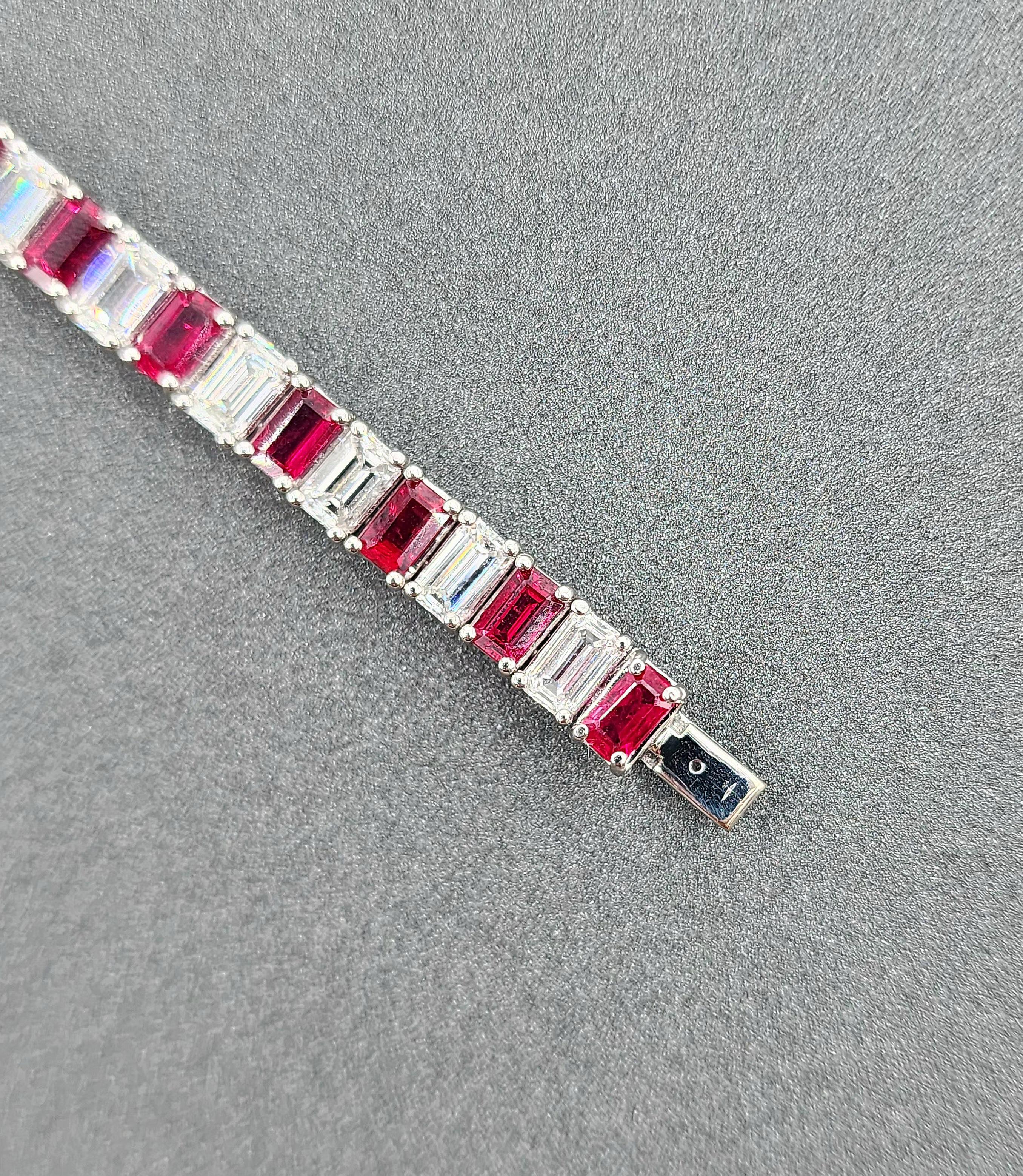 17.29 ct Natural Ruby & Emerald Cut Diamond Bracelet In New Condition For Sale In Chicago, IL