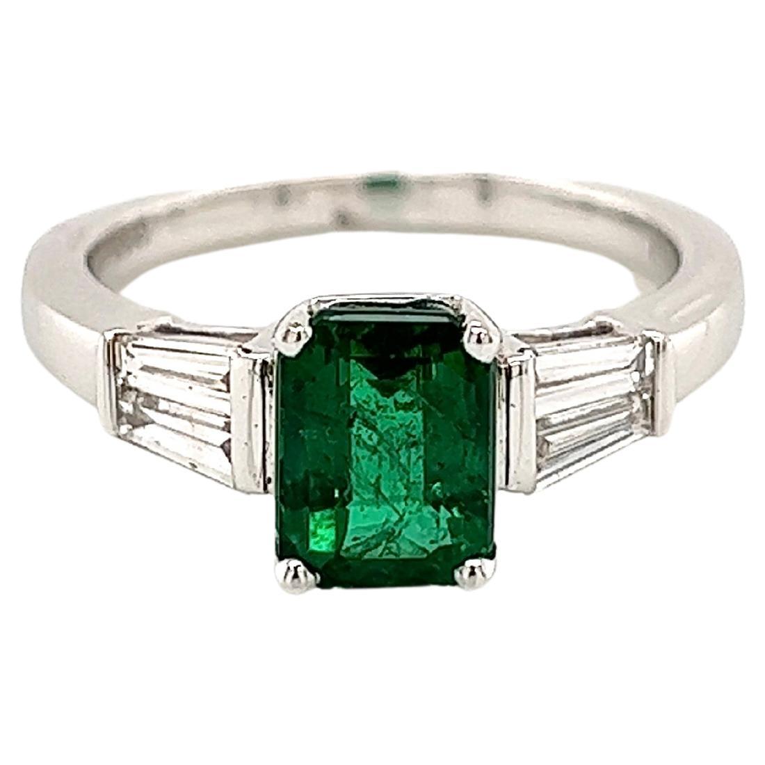 2.17 Total Carat Green Emerald and Diamond Ladies Three Stone Ring For Sale