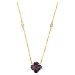 1.72Ct Amethyst Clover Motif Pendant Necklace with Diamond in 14K Yellow Gold (Collier à motif de trèfle en améthyste avec diamant en or jaune 14K)