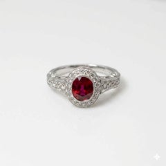 1.72ct "Pigeons Blood" Oval Cut Ruby & Diamond Halo Ring