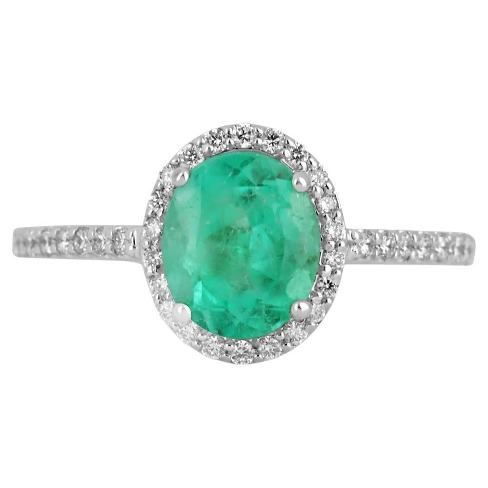 1.72tcw 14K Colombian Emerald-Oval Cut & Diamond Halo Engagement White Gold Ring For Sale