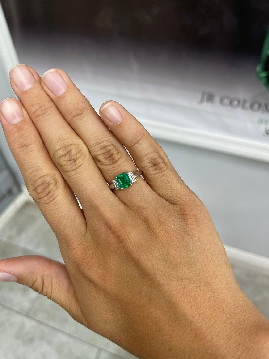 Modern 1.72tcw Plat Three Stone Colombian Emerald Cut & Baguette Diamond Ring For Sale
