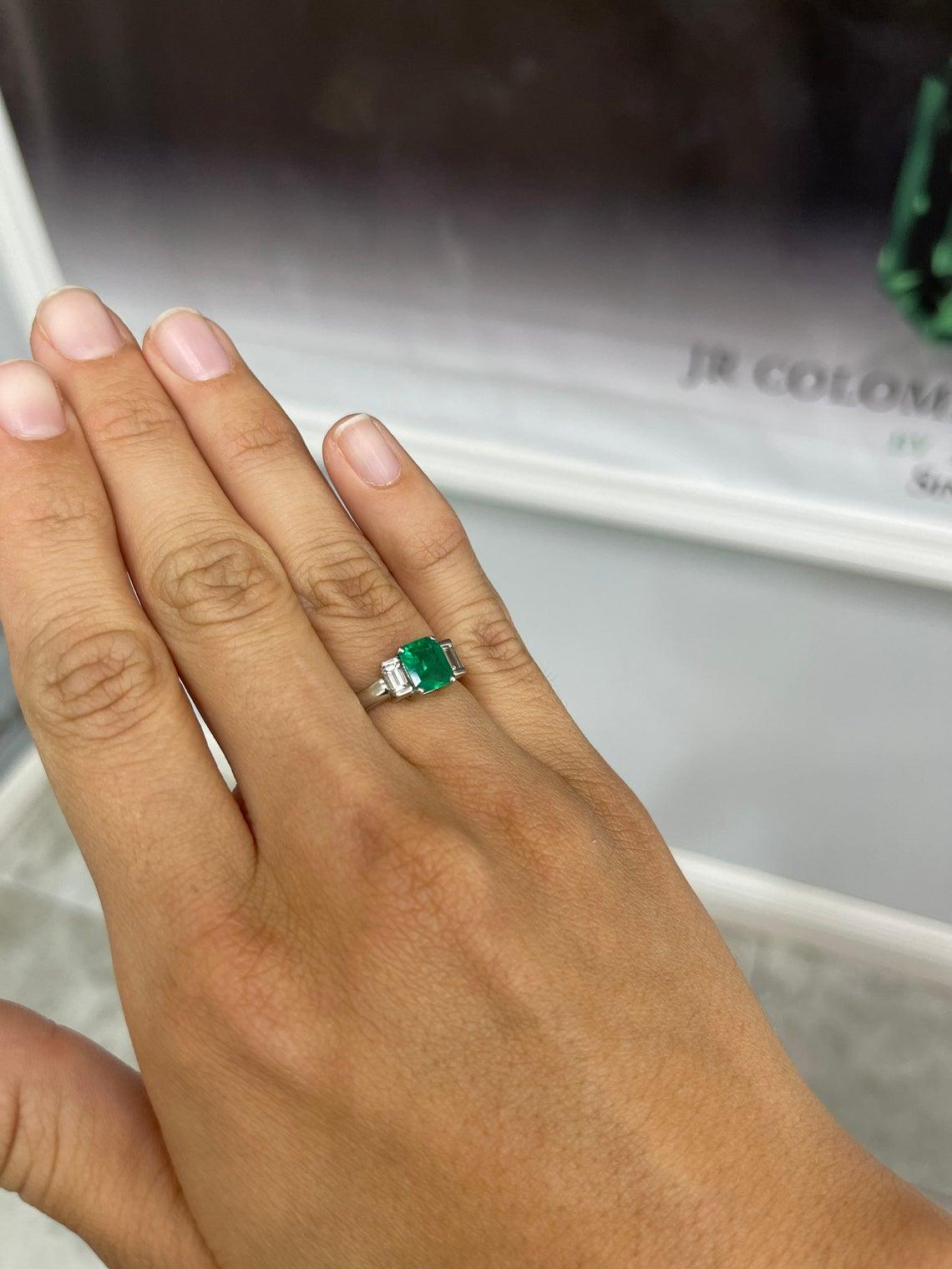 1.72tcw Plat Three Stone Colombian Emerald Cut & Baguette Diamond Ring In New Condition For Sale In Jupiter, FL