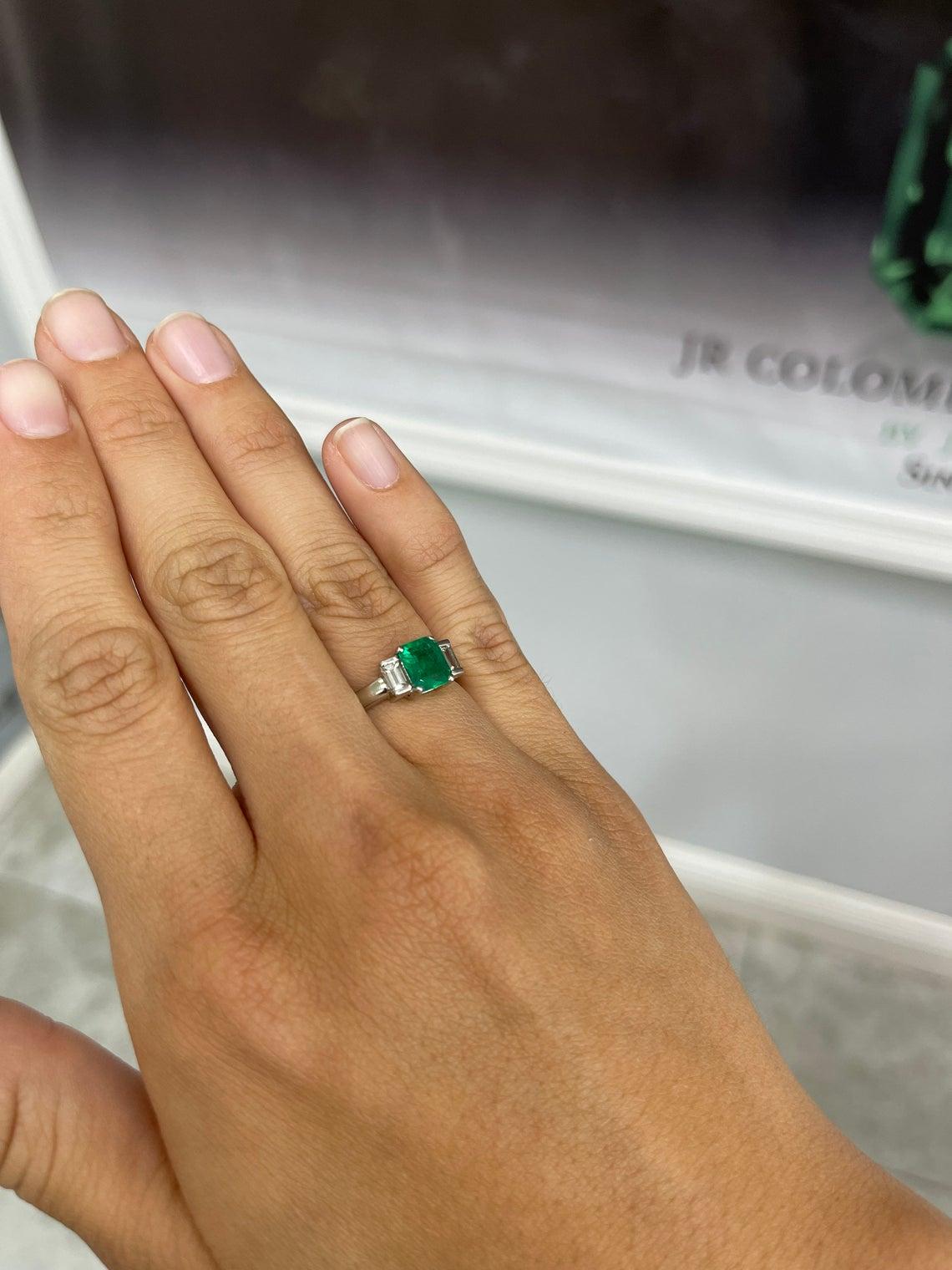 Women's 1.72tcw Plat Three Stone Colombian Emerald Cut & Baguette Diamond Ring For Sale